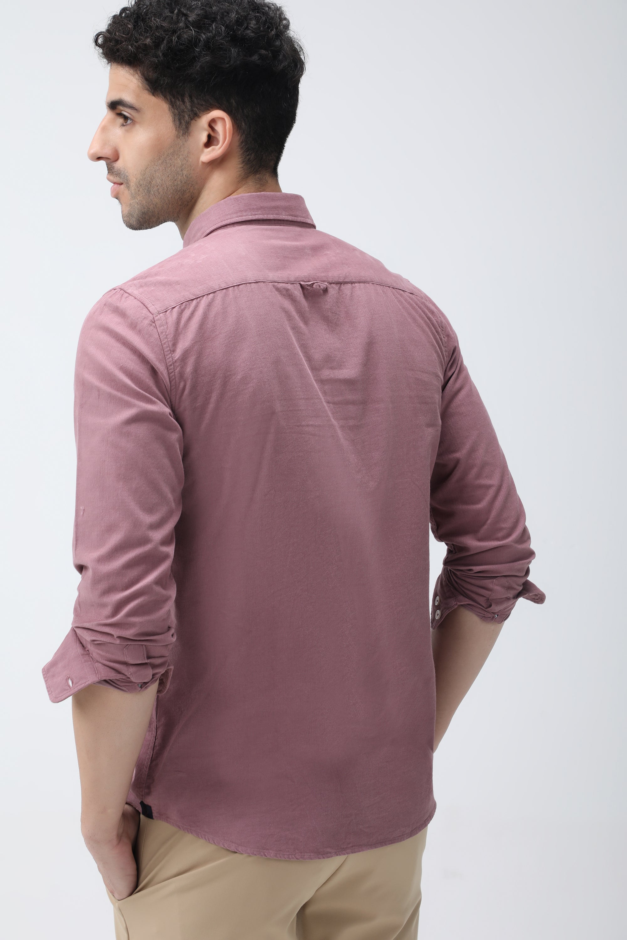 Bare Brown Corduroy Cotton Shirt, Slim Fit with Full Sleeves - Pink