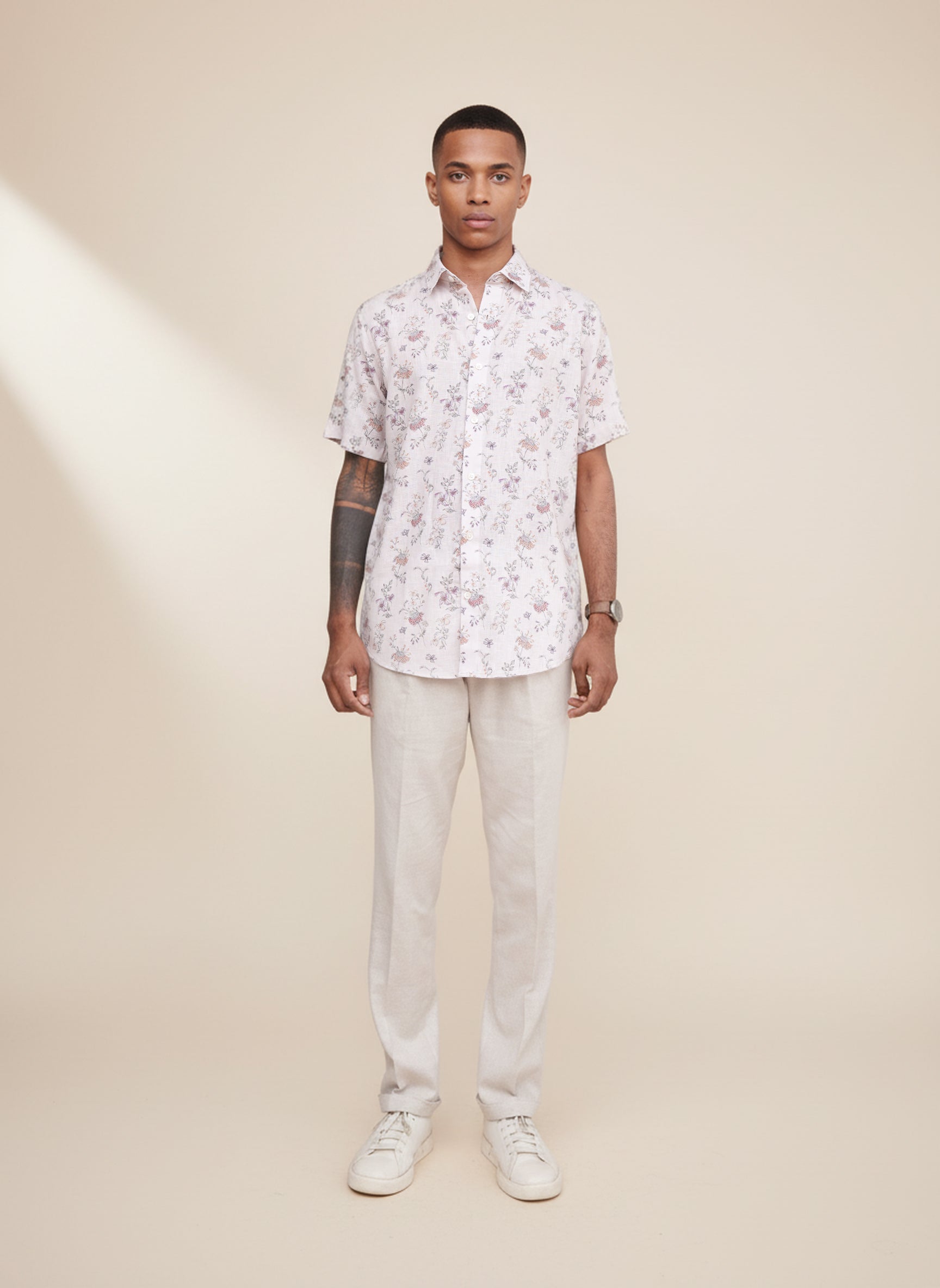 Bare Brown Floral Printed Linen Half Sleeve Shirt - Beige