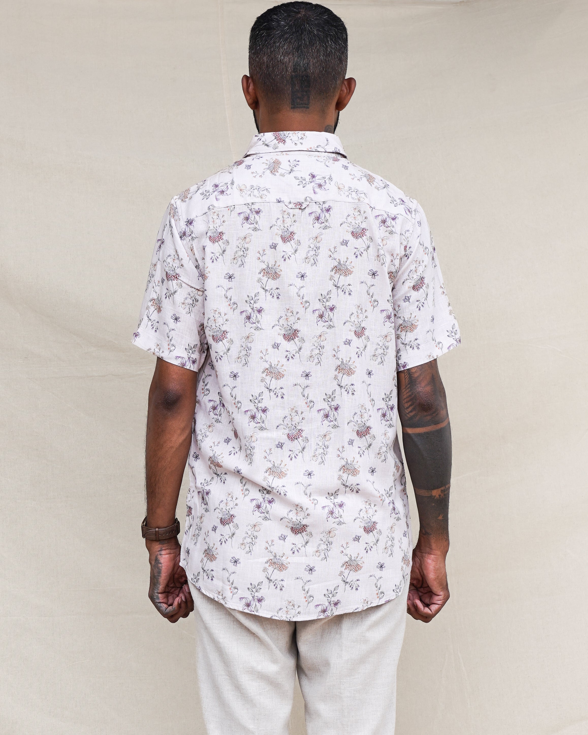 Bare Brown Floral Printed Linen Half Sleeve Shirt - Beige
