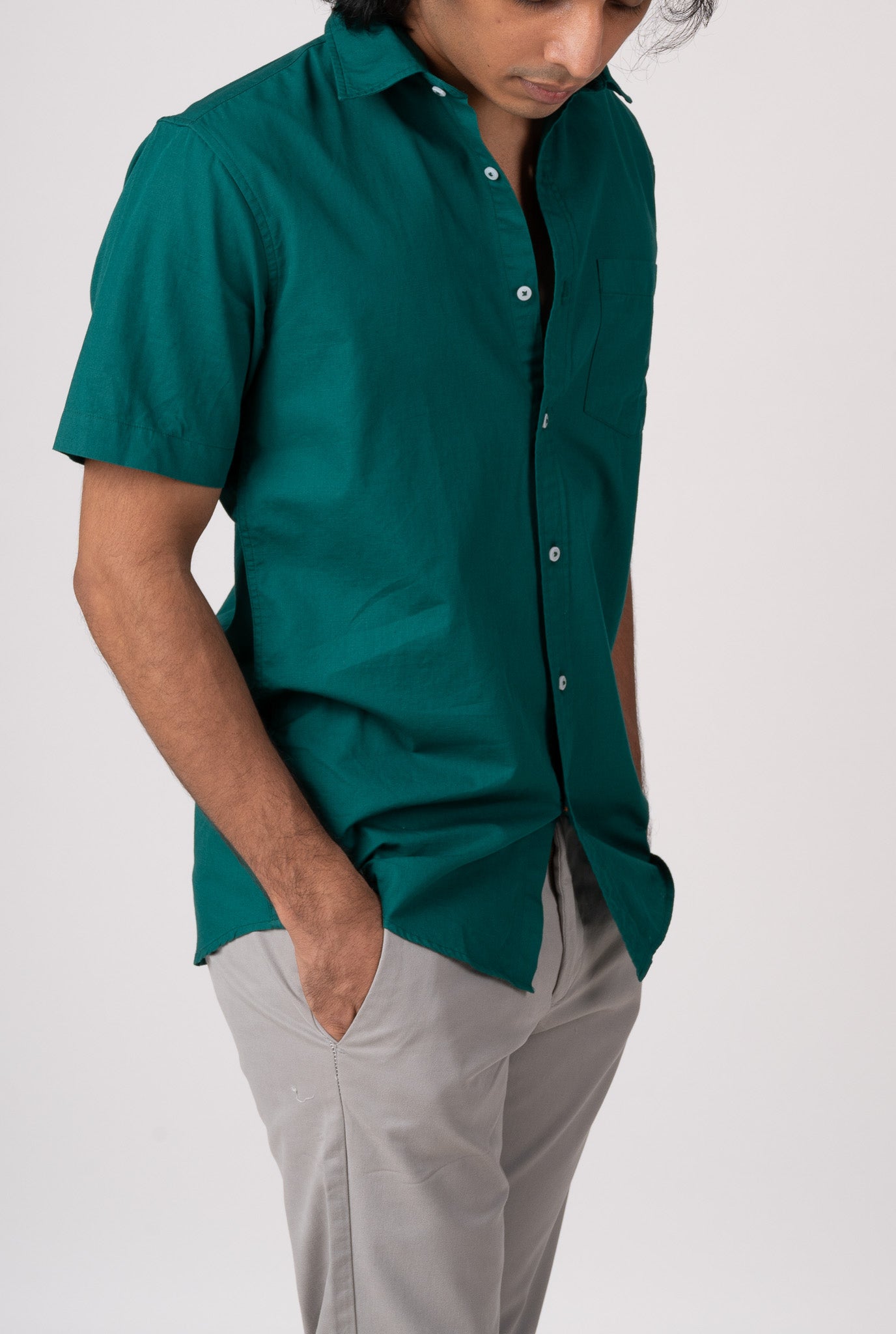 Bare Brown Solid Cotton Dark Green Shirt