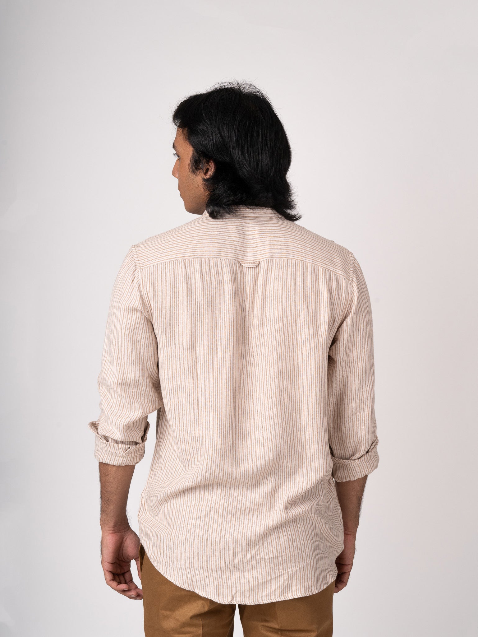 Bare Brown Lightweight Striped Cotton Shirt-Beige