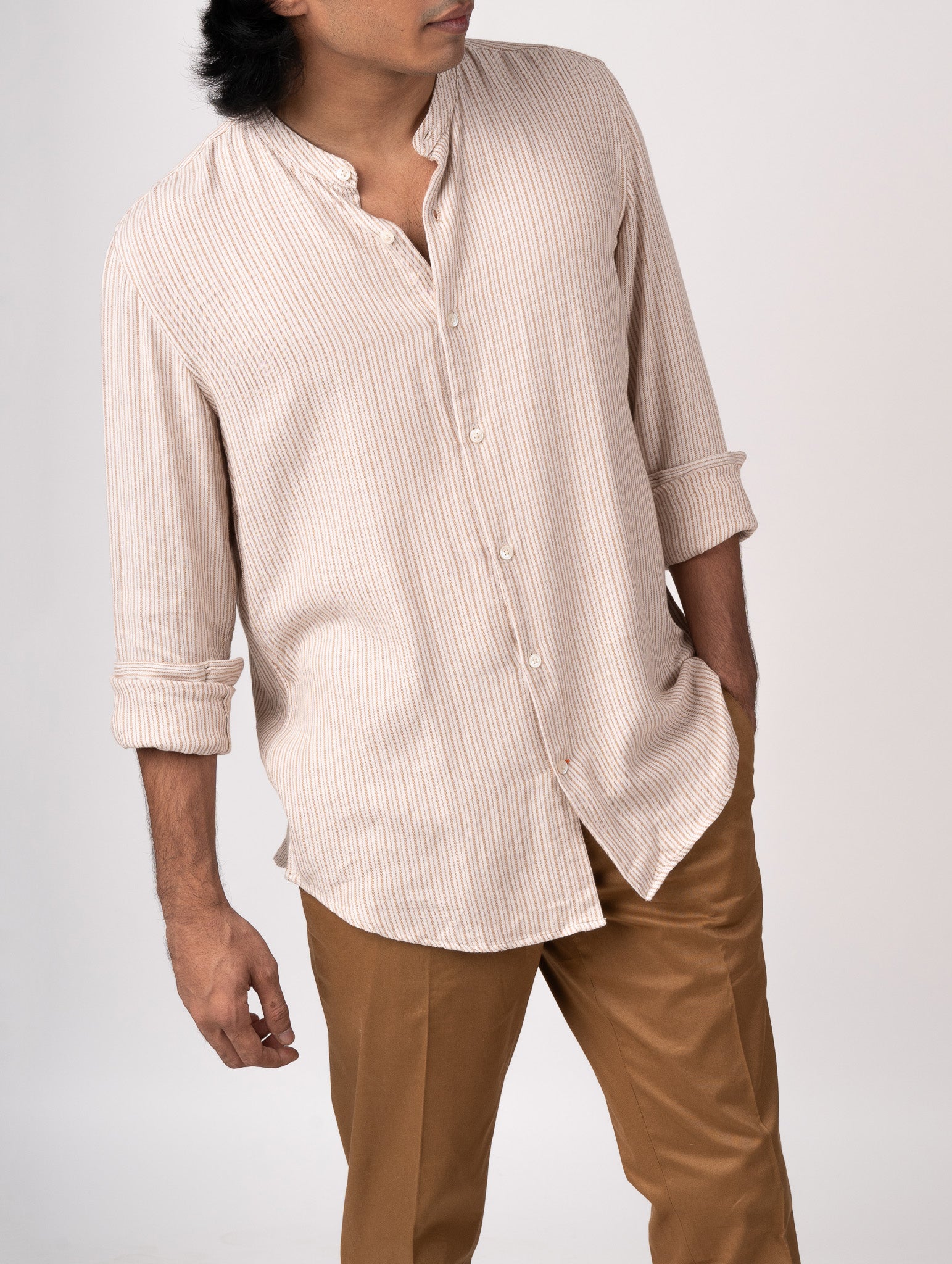Bare Brown Lightweight Striped Cotton Shirt-Beige