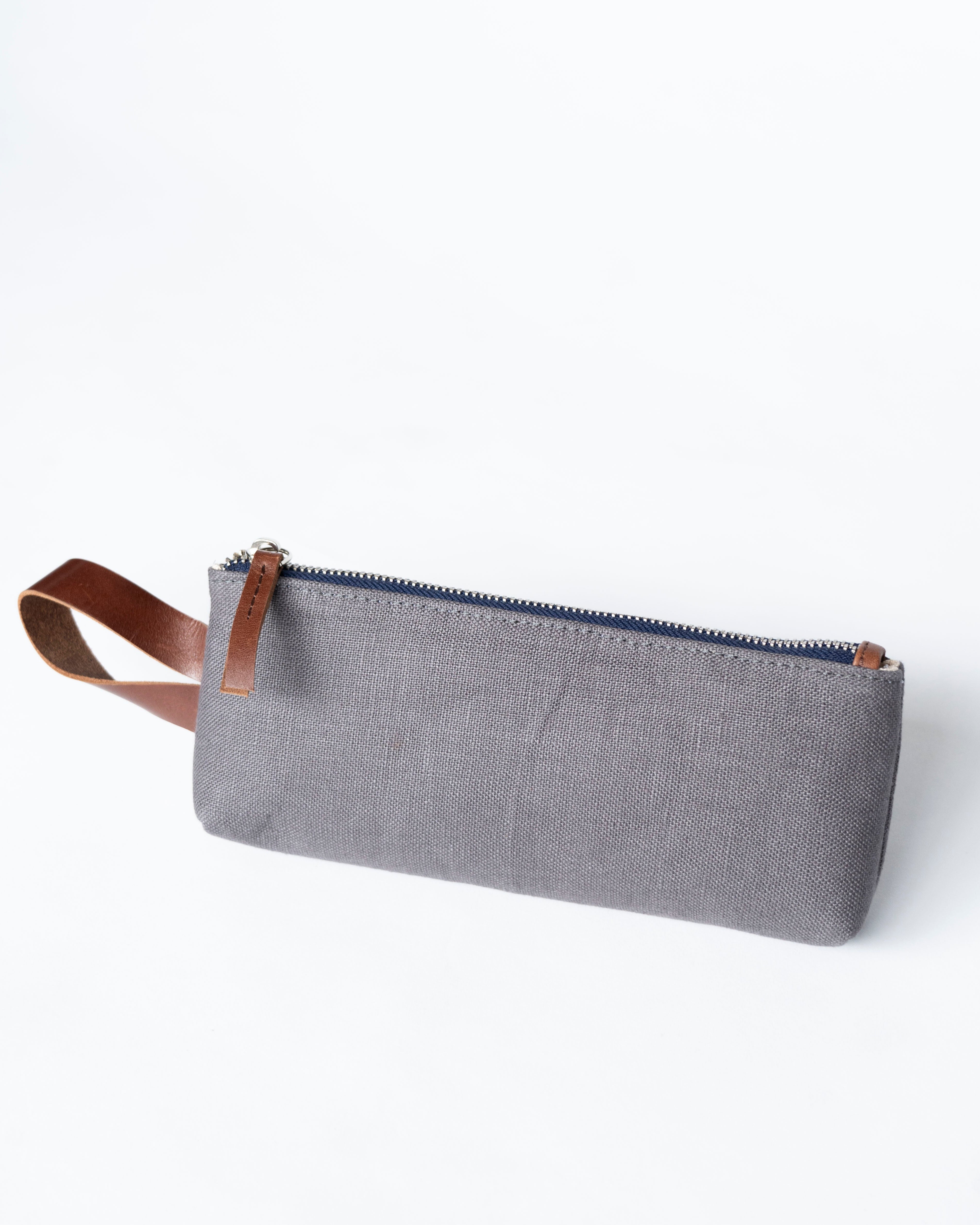 Linen Canvas Pouch with Genuine leather trim - Grey
