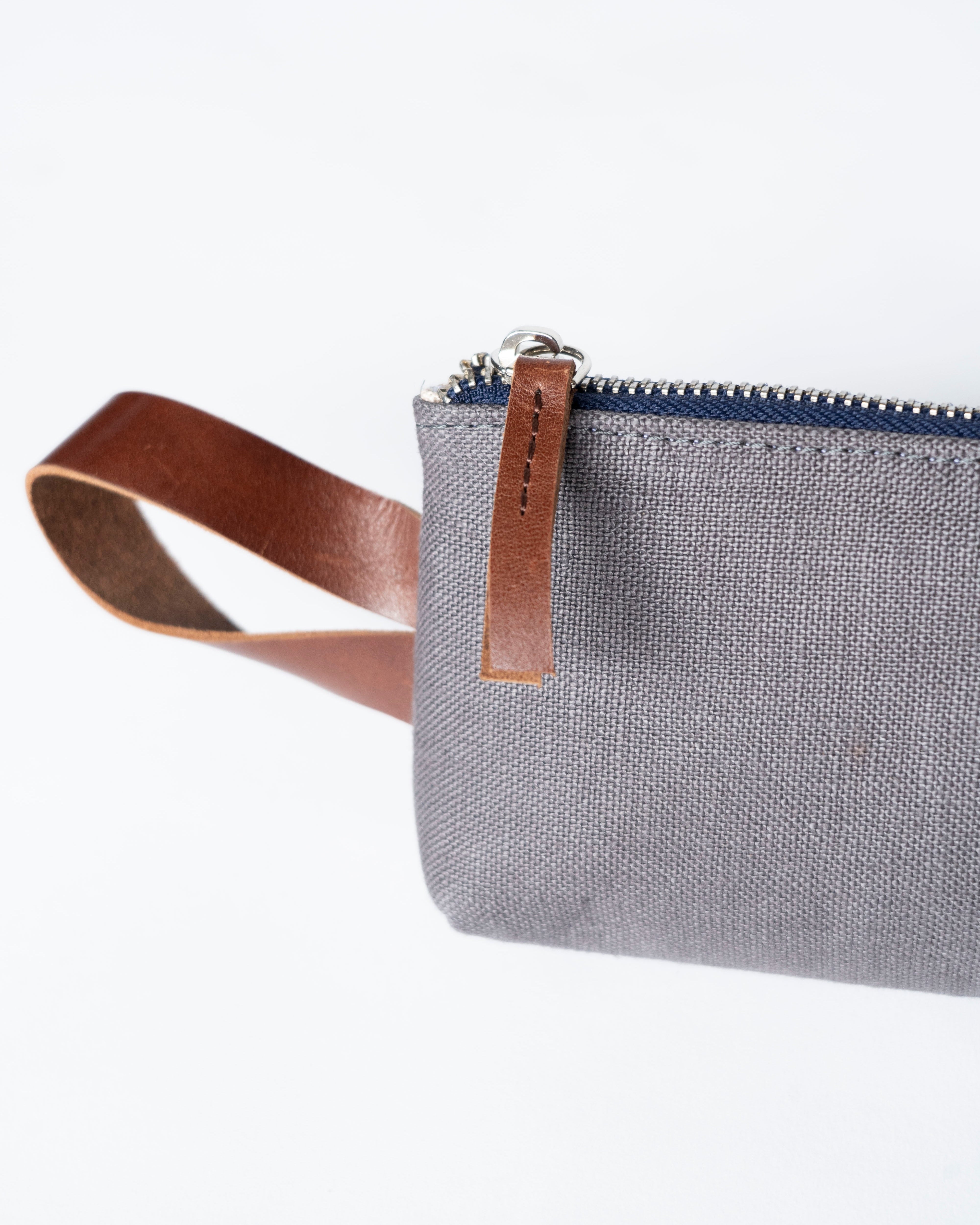 Linen Canvas Pouch with Genuine leather trim - Grey