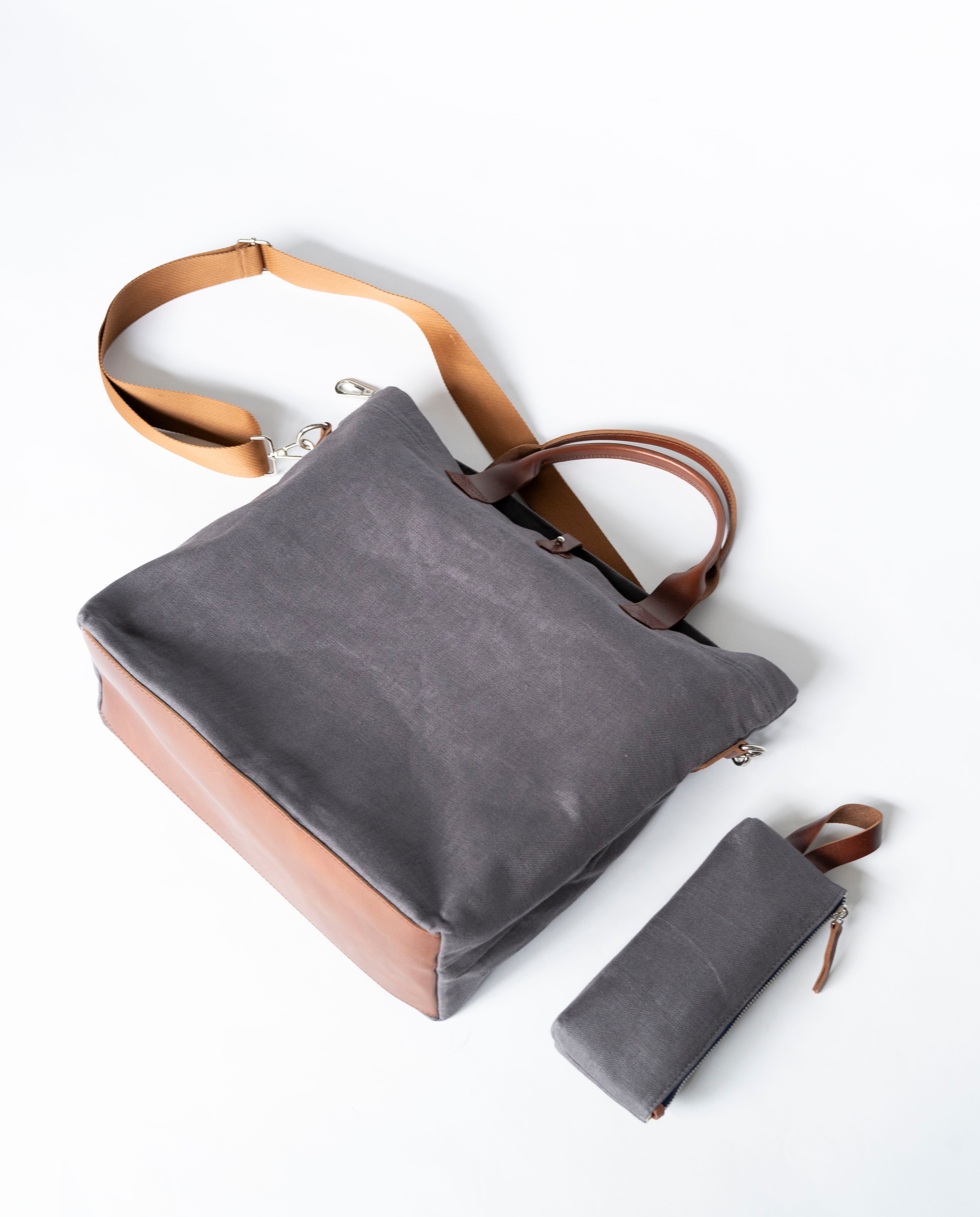 Linen Canvas Pouch with Genuine leather trim - Grey