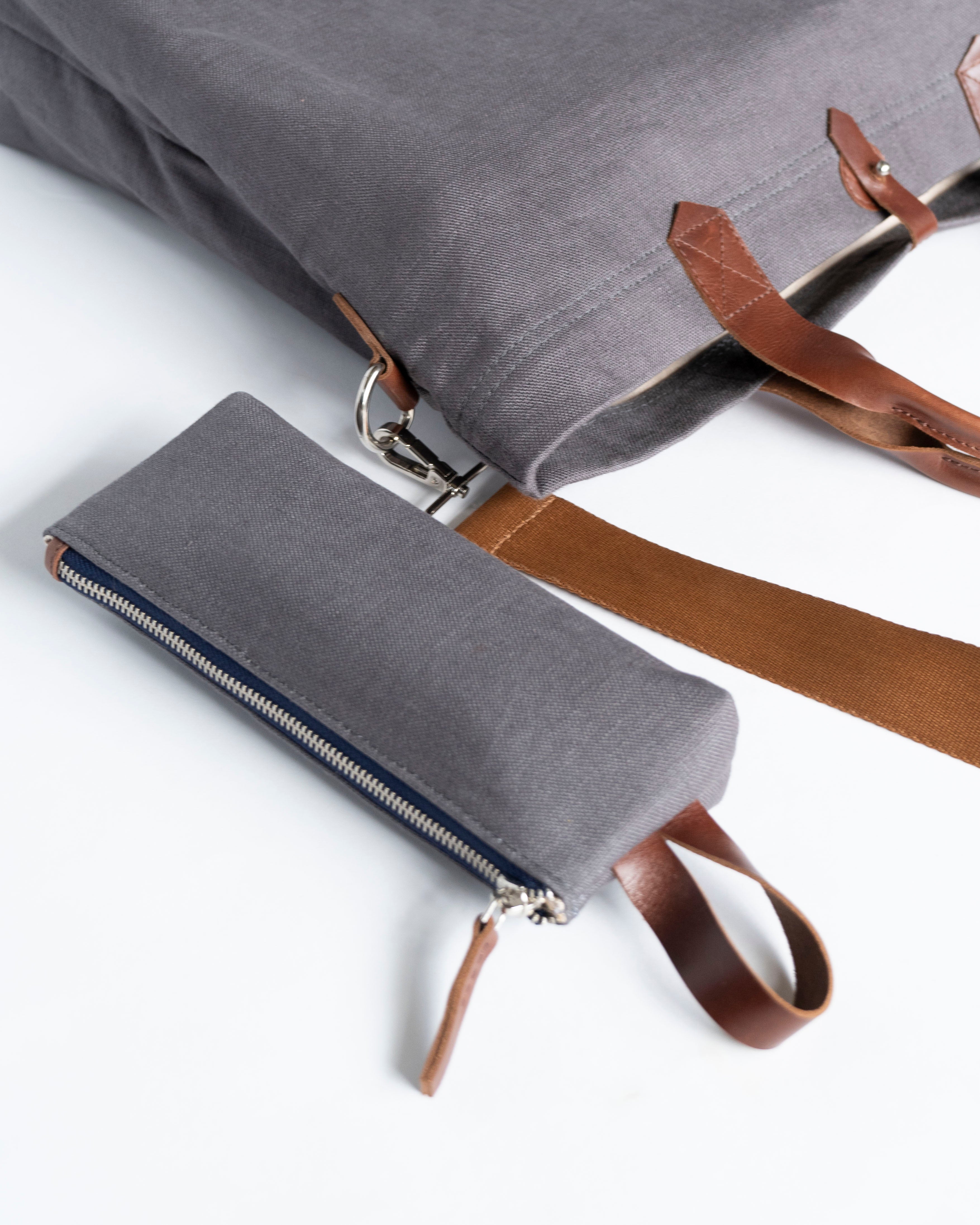 Linen Canvas Pouch with Genuine leather trim - Grey