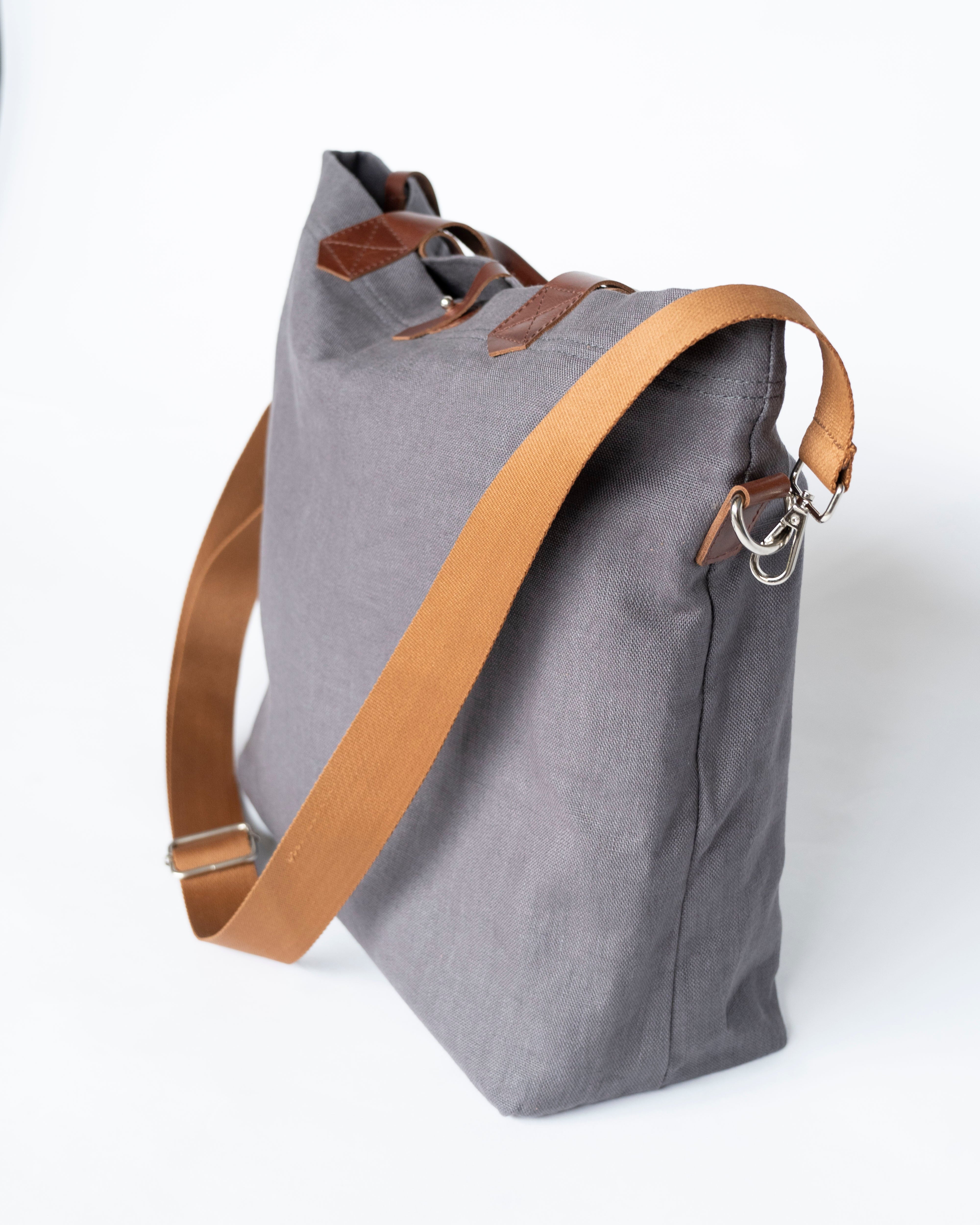 Versatile Leather Detailed Linen Canvas Tote Bag - Grey