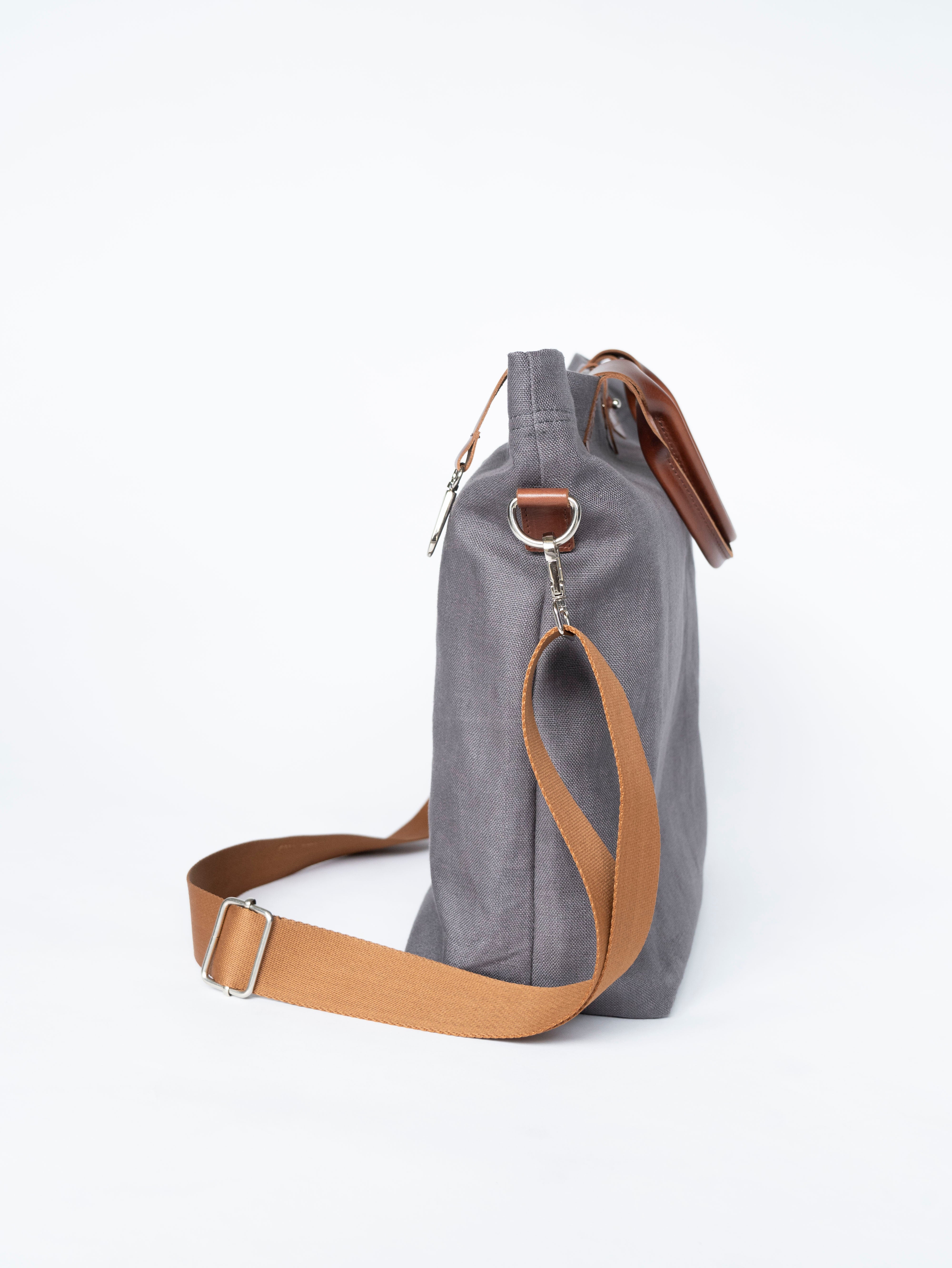 Versatile Leather Detailed Linen Canvas Tote Bag - Grey