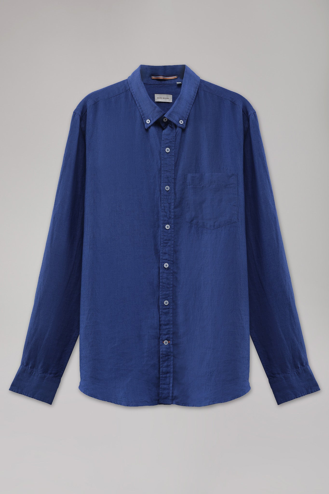 Bare Brown Linen Shirt, Slim Fit with Full Sleeves - Blue