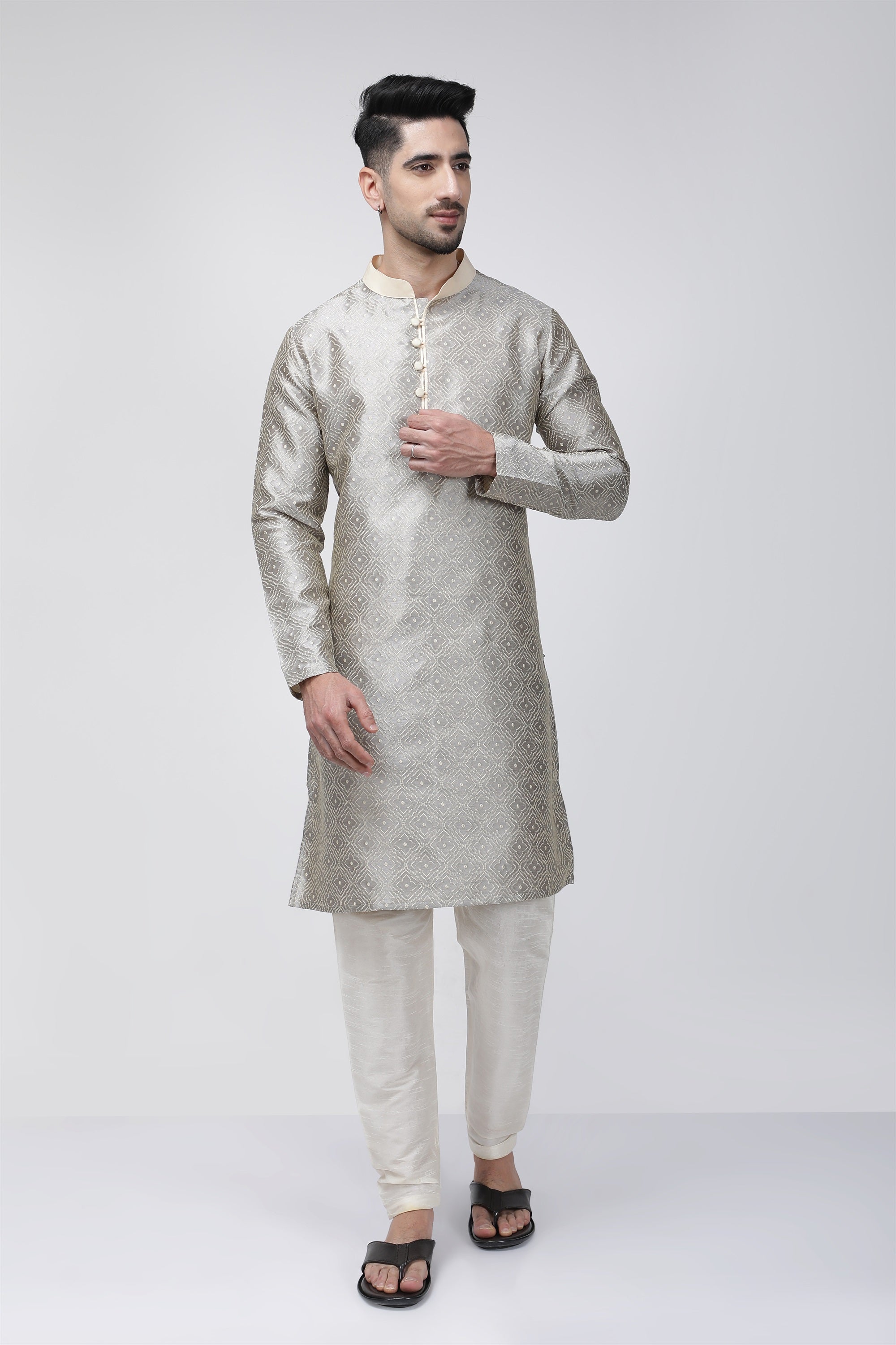Tale of Teal Textured Jacquard Long Ethnic Kurta - Grey