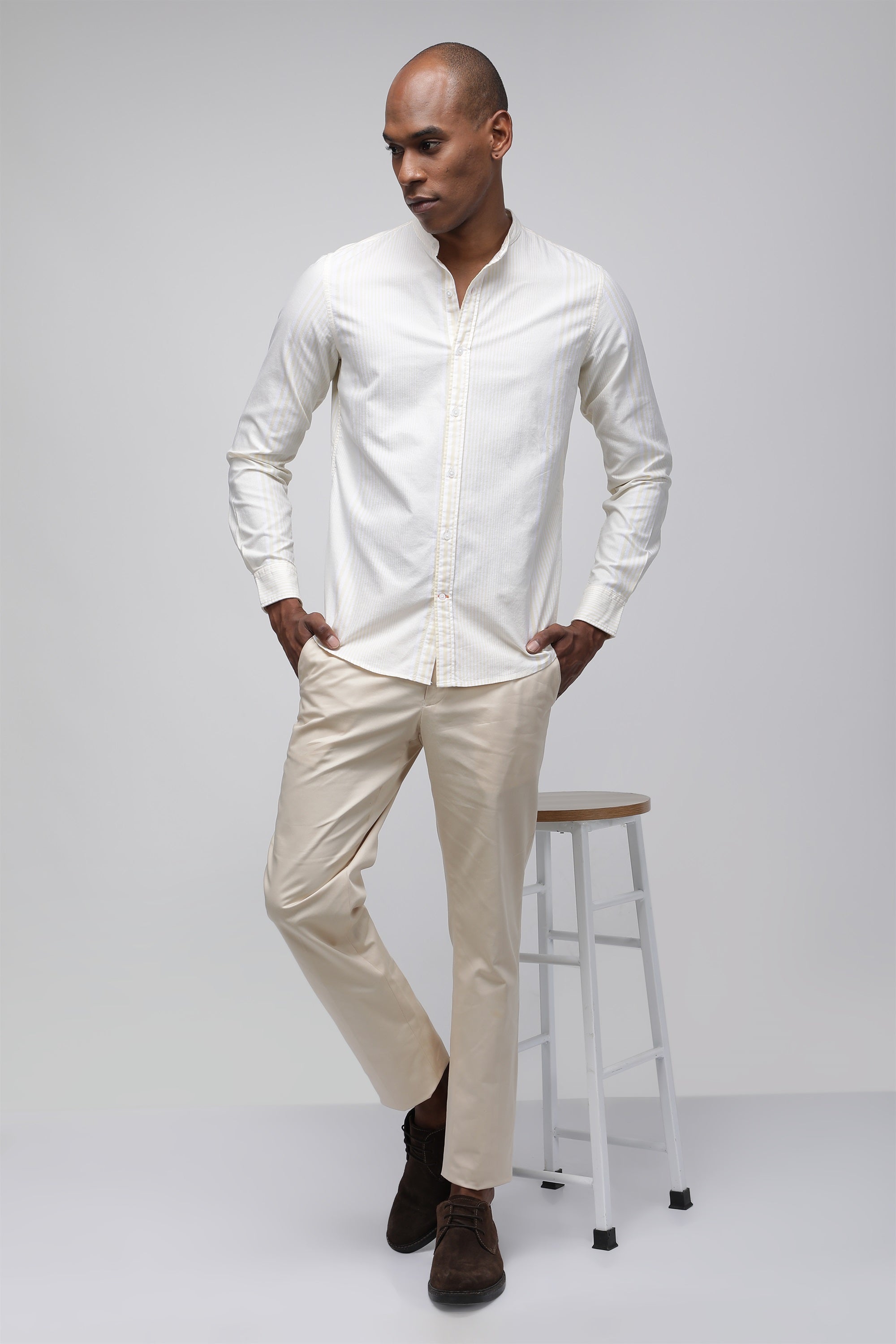 Bare Brown Striped Mandarin Cotton Shirt, Slim Fit with Full Sleeves - Yellow