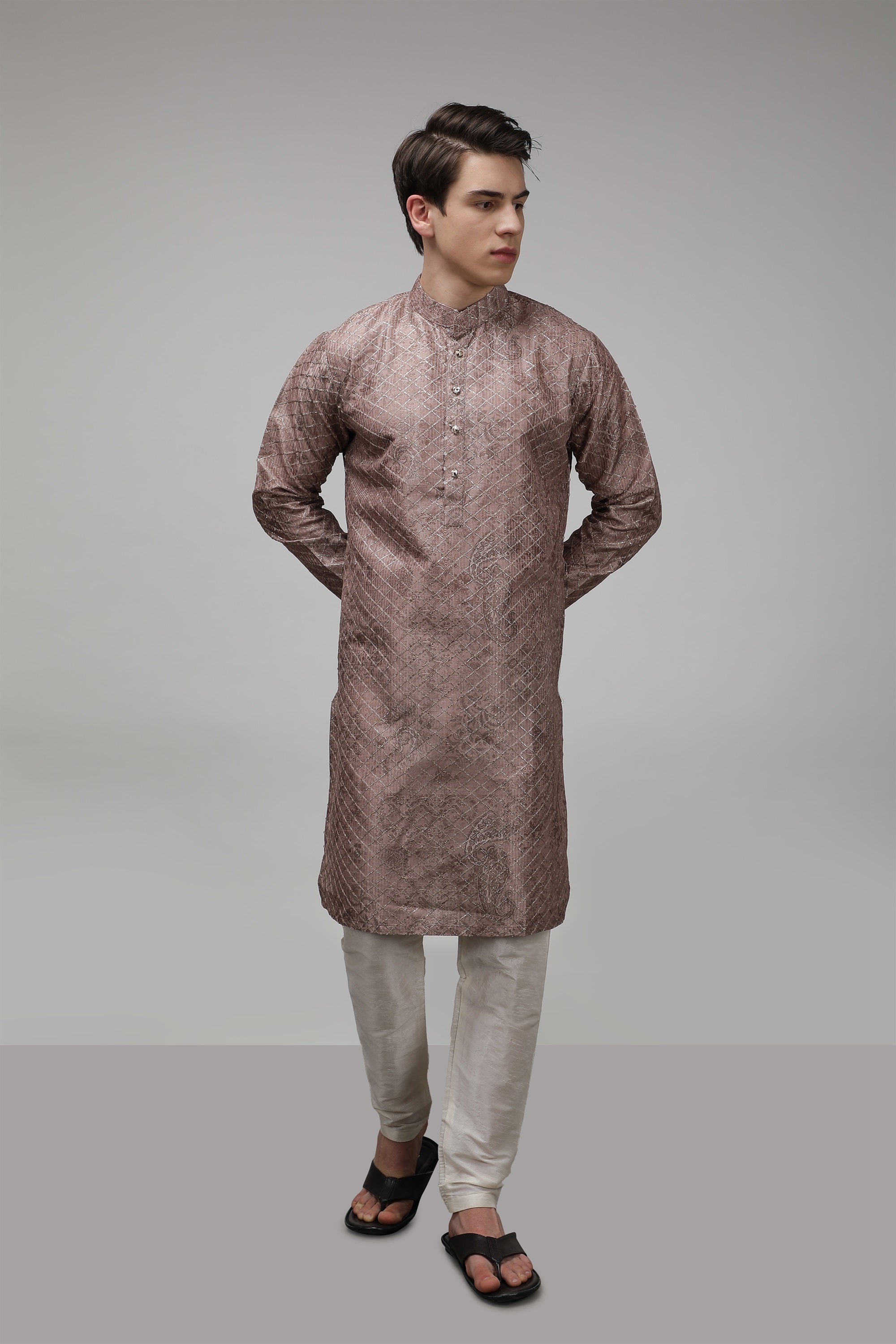 Silver Embroidered Long Standard Fit Ethnic Kurta - Brown