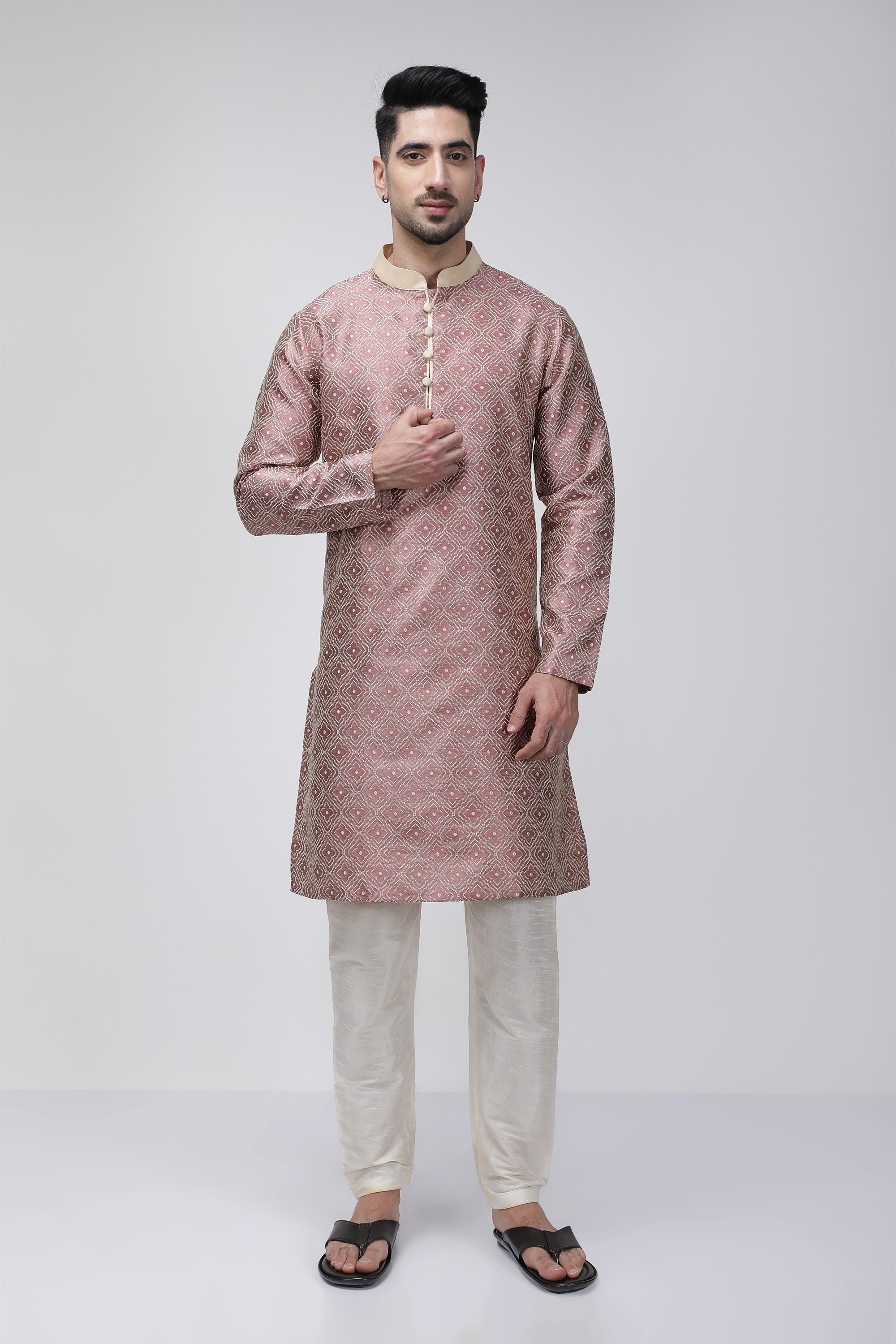 Tale of Teal Textured Jacquard Long Ethnic Kurta - Pink