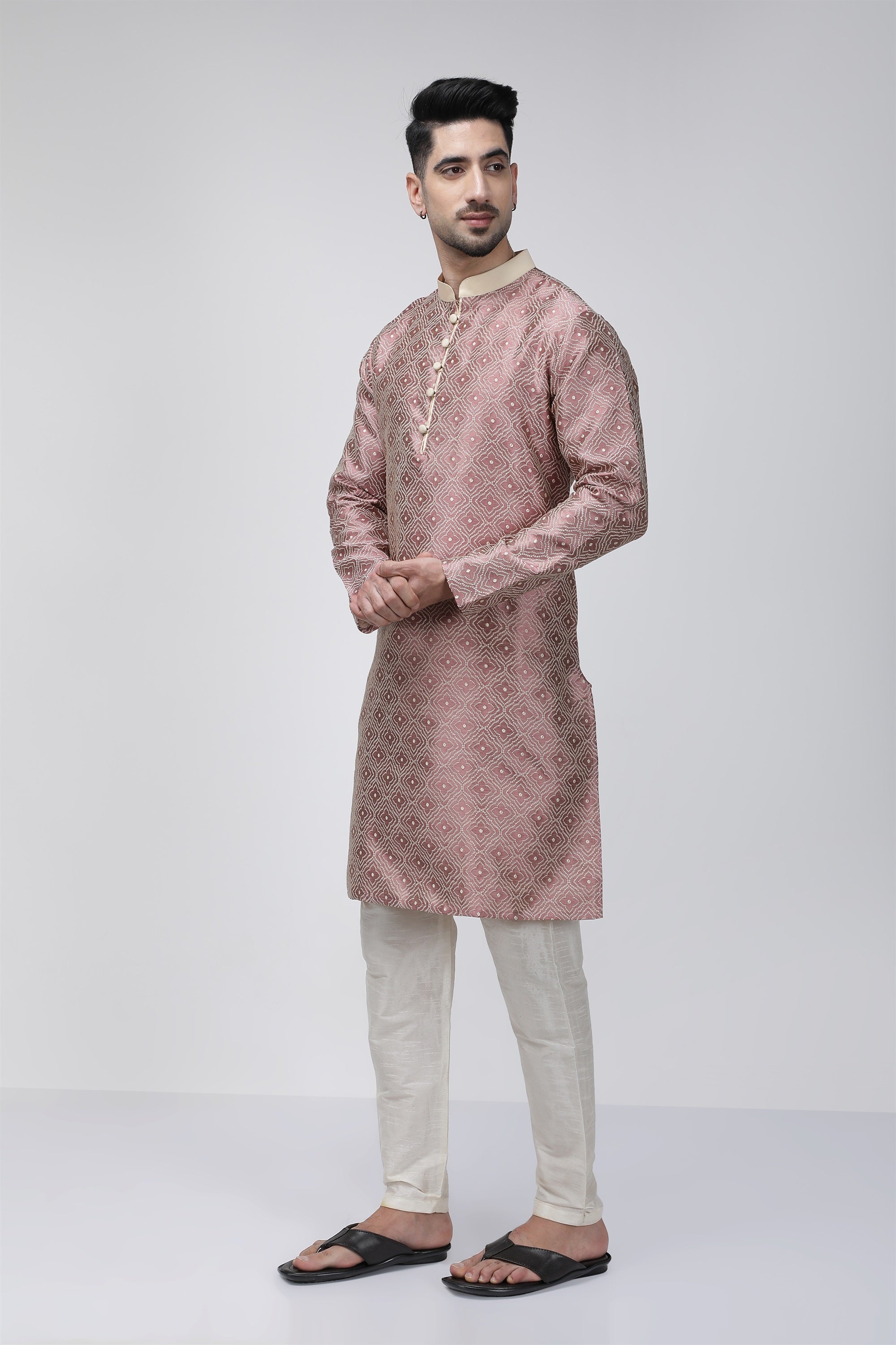 Tale of Teal Textured Jacquard Long Ethnic Kurta - Pink
