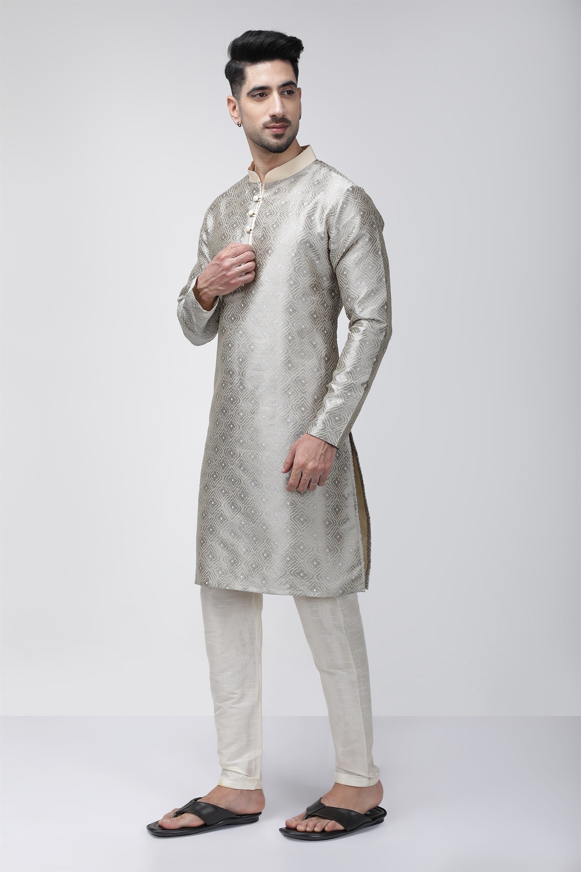 Tale of Teal Textured Jacquard Long Ethnic Kurta - Grey