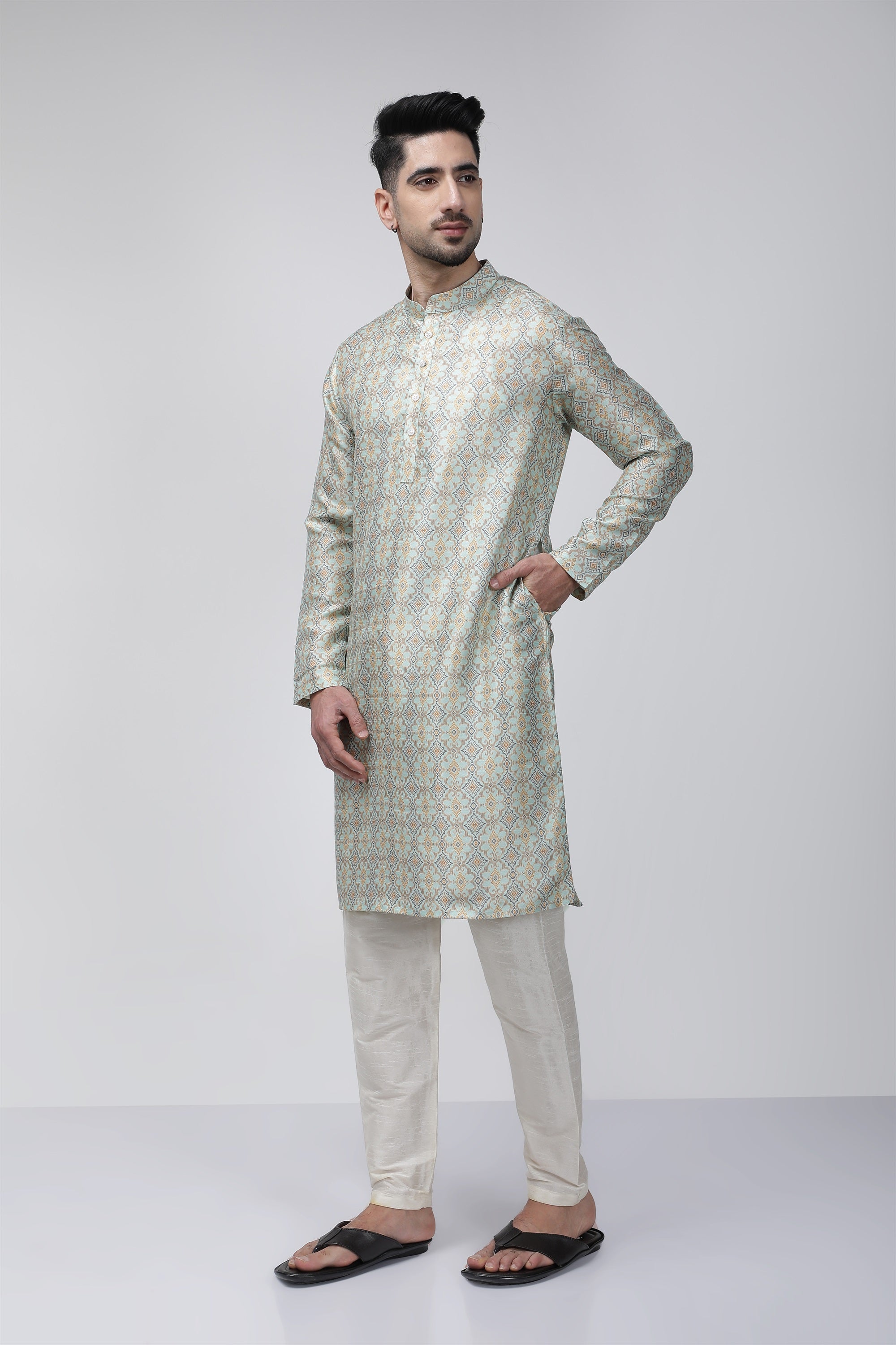Tale of Teal Printed Long Ethnic Kurta - Blue