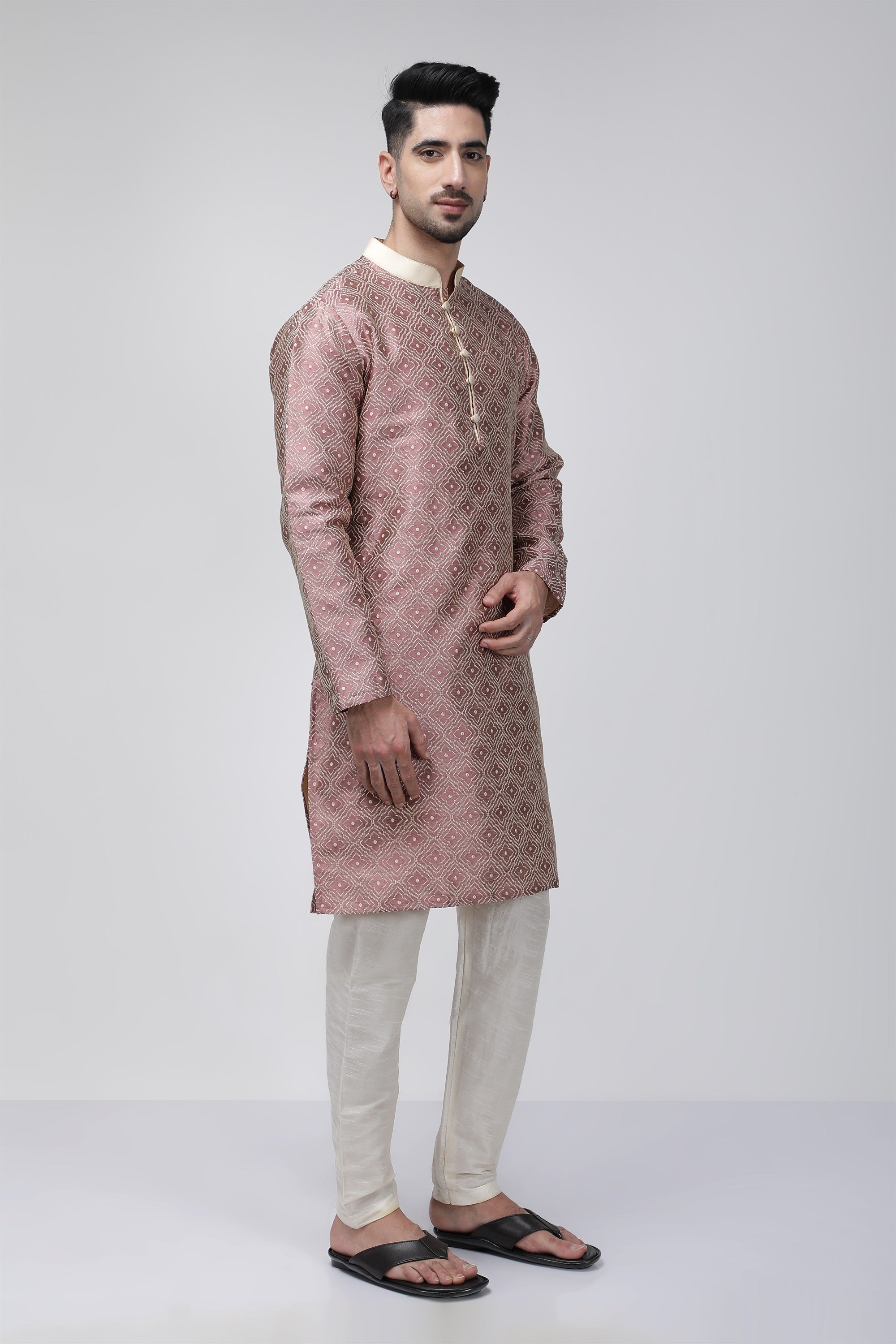 Tale of Teal Textured Jacquard Long Ethnic Kurta - Pink