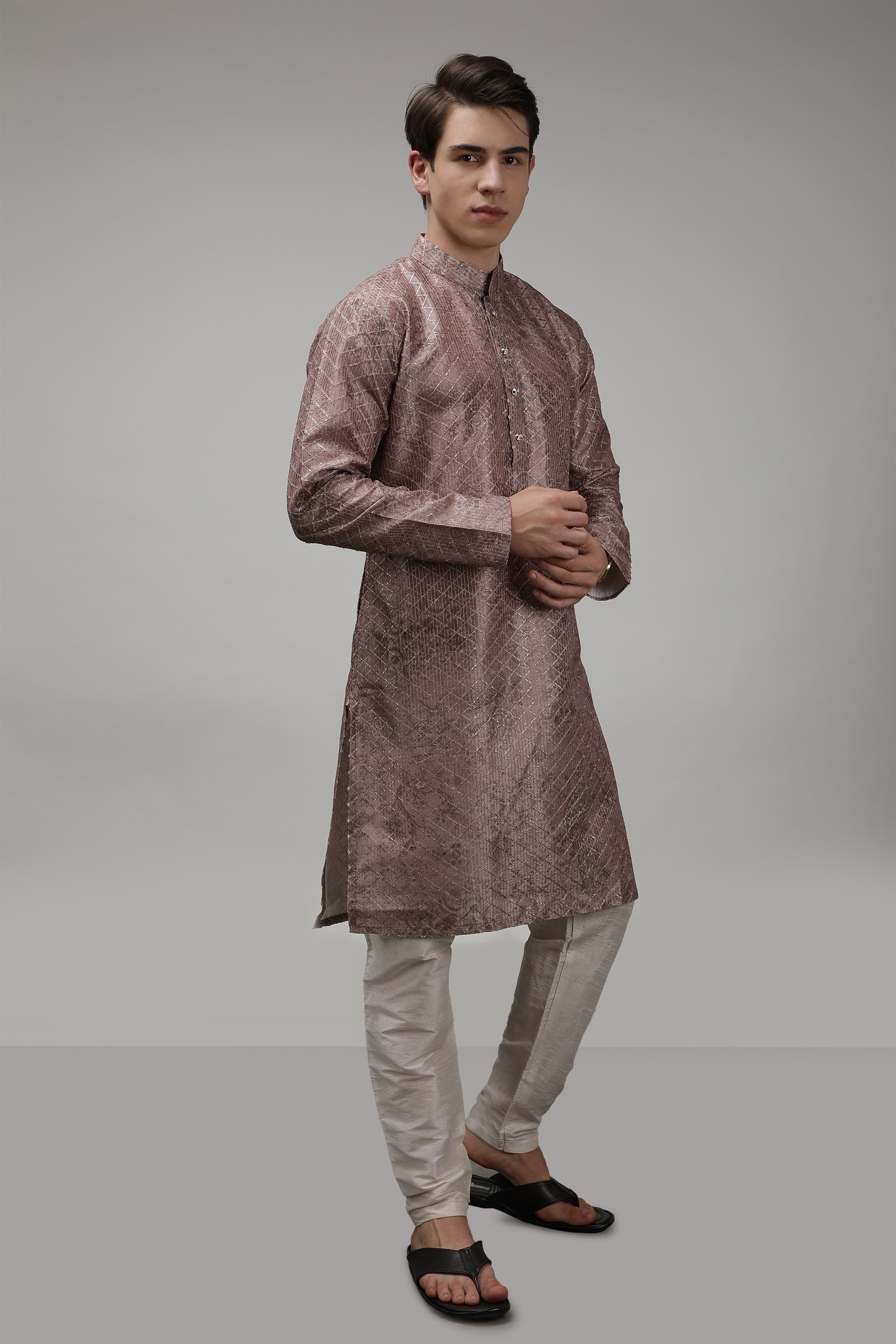 Silver Embroidered Long Standard Fit Ethnic Kurta - Brown