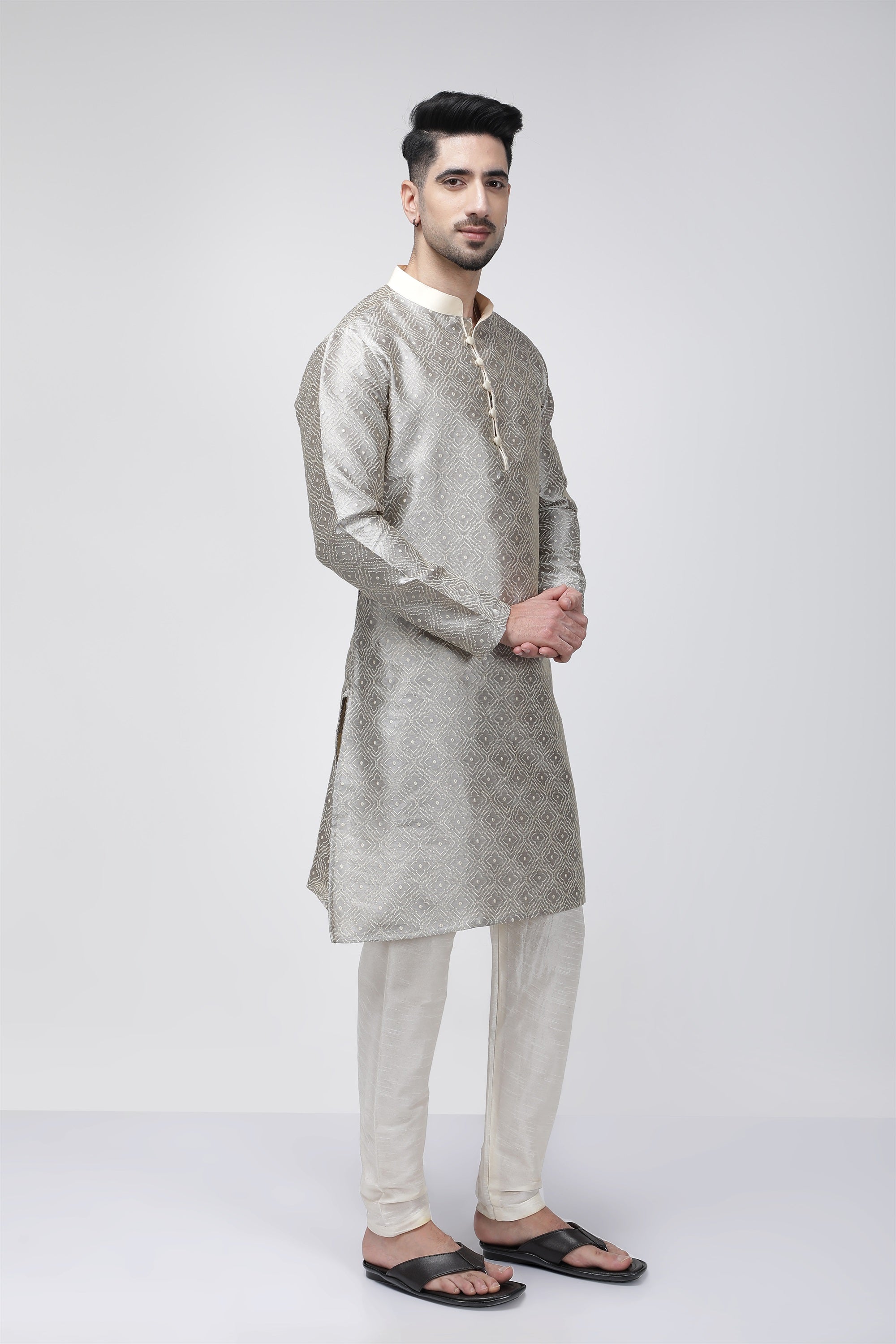 Tale of Teal Textured Jacquard Long Ethnic Kurta - Grey