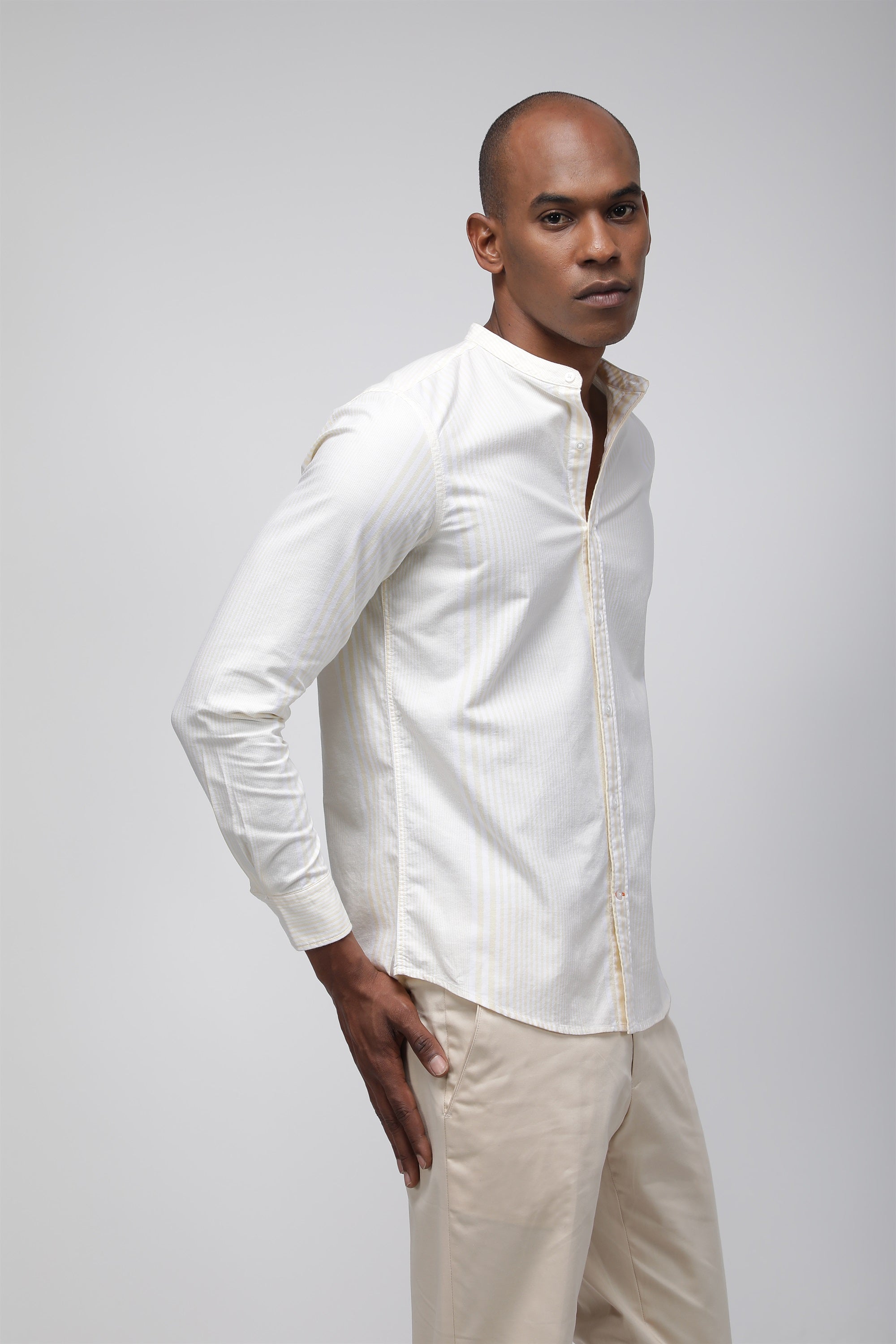 Bare Brown Striped Mandarin Cotton Shirt, Slim Fit with Full Sleeves - Yellow
