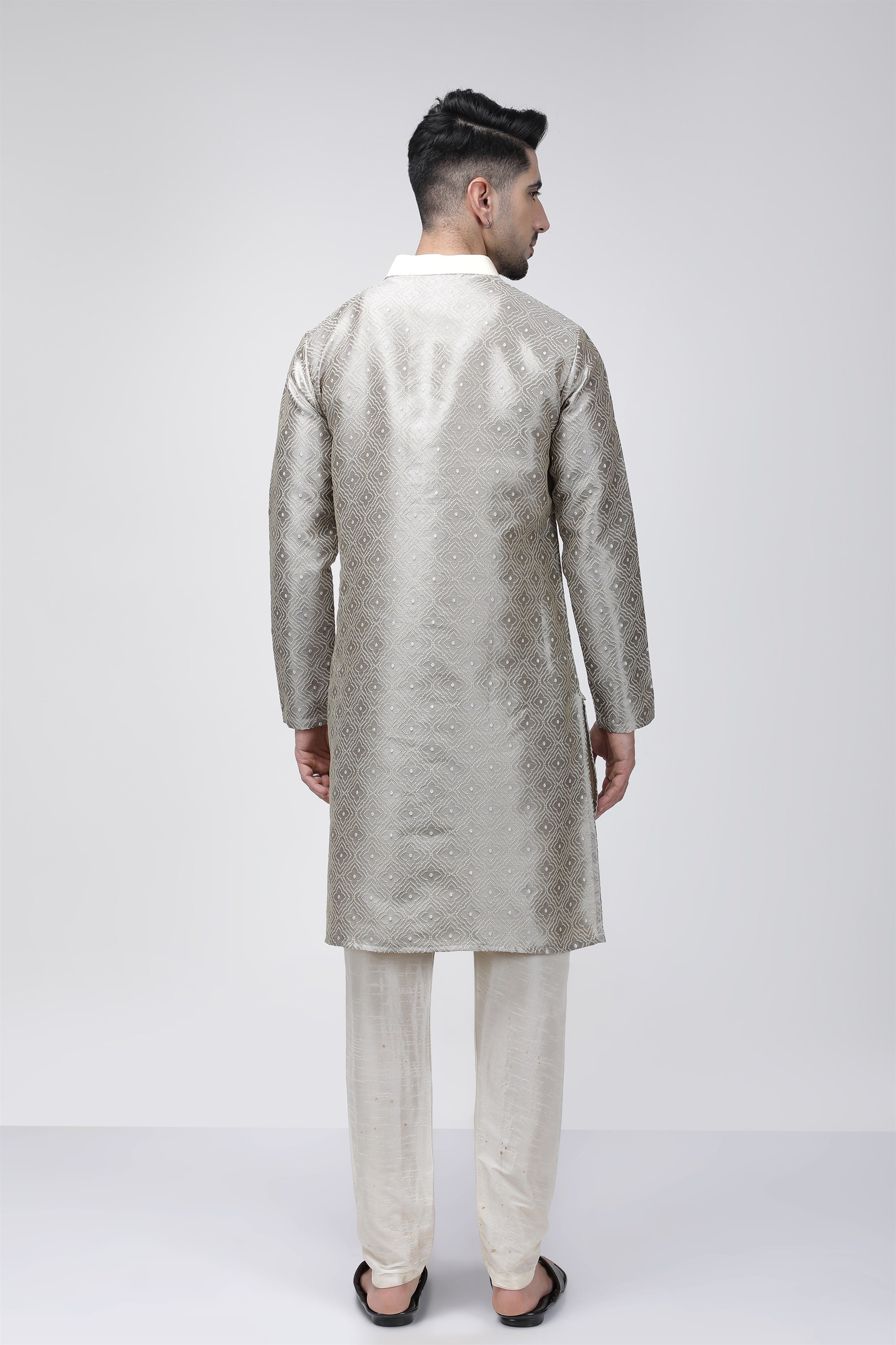 Tale of Teal Textured Jacquard Long Ethnic Kurta - Grey