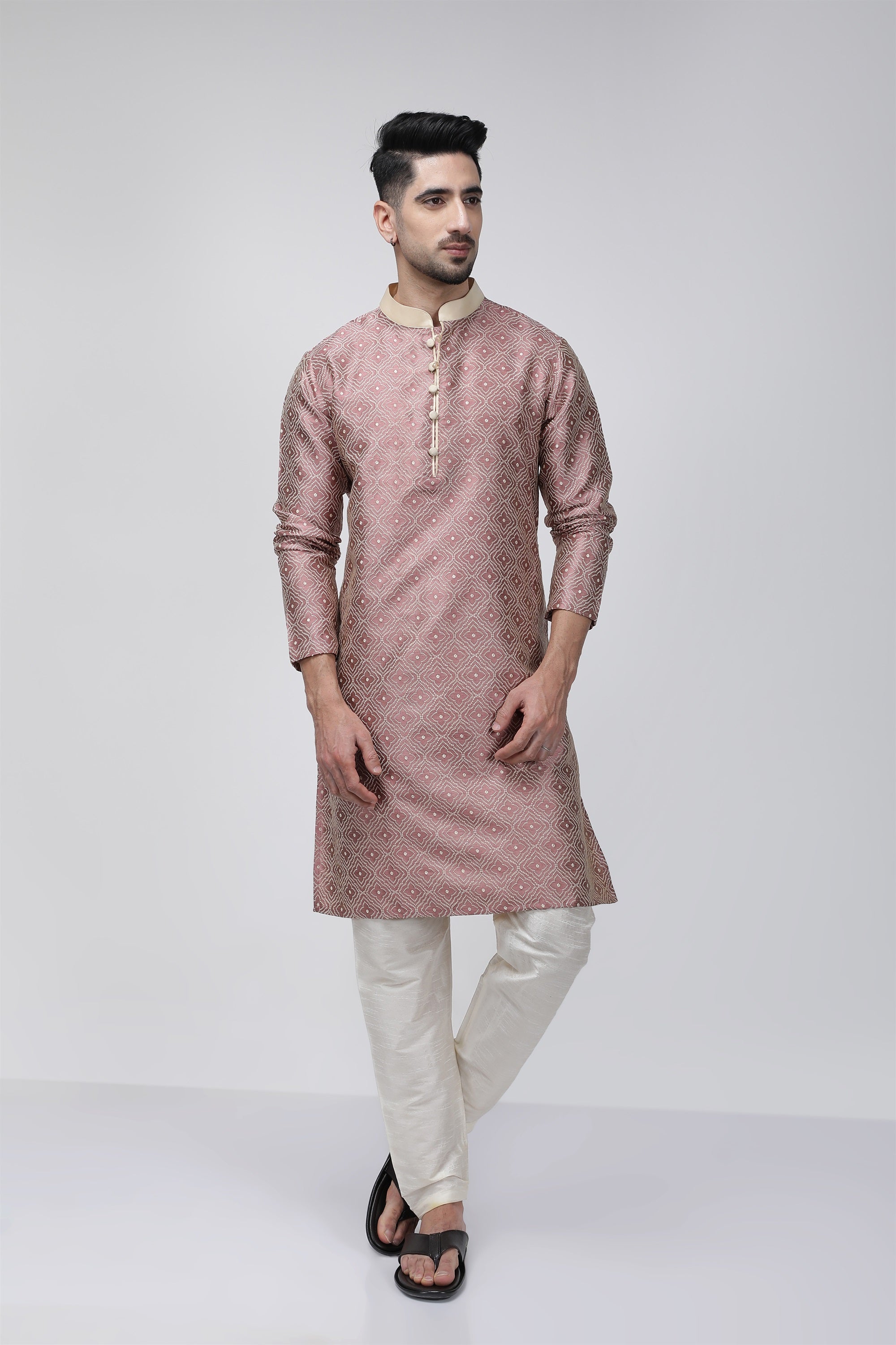 Tale of Teal Textured Jacquard Long Ethnic Kurta - Pink