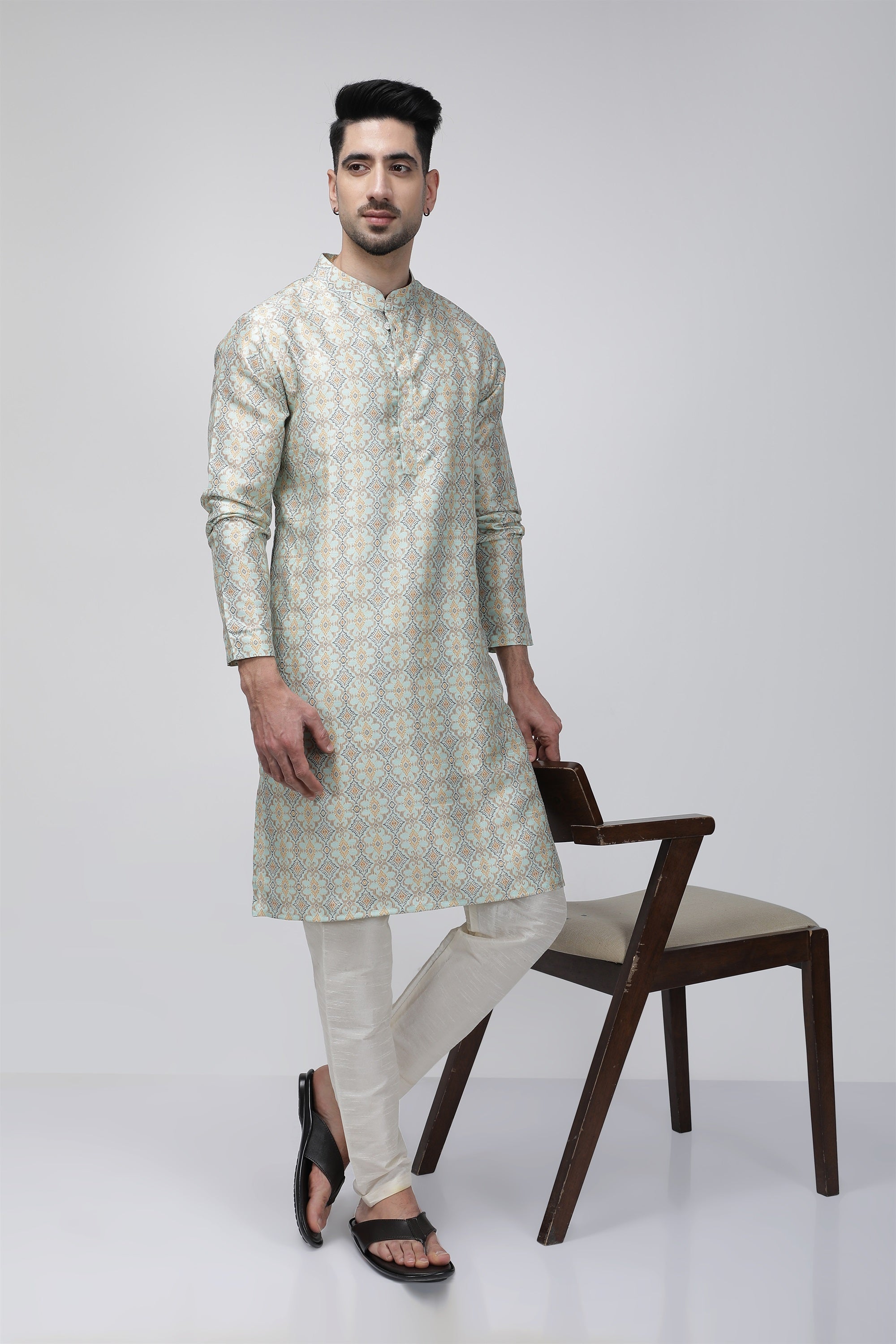 Tale of Teal Printed Long Ethnic Kurta - Blue