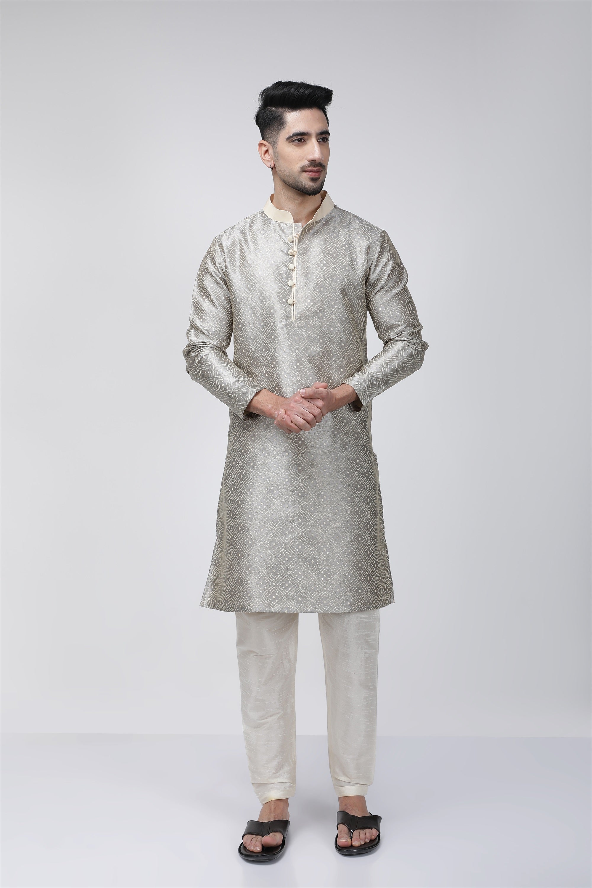 Tale of Teal Textured Jacquard Long Ethnic Kurta - Grey