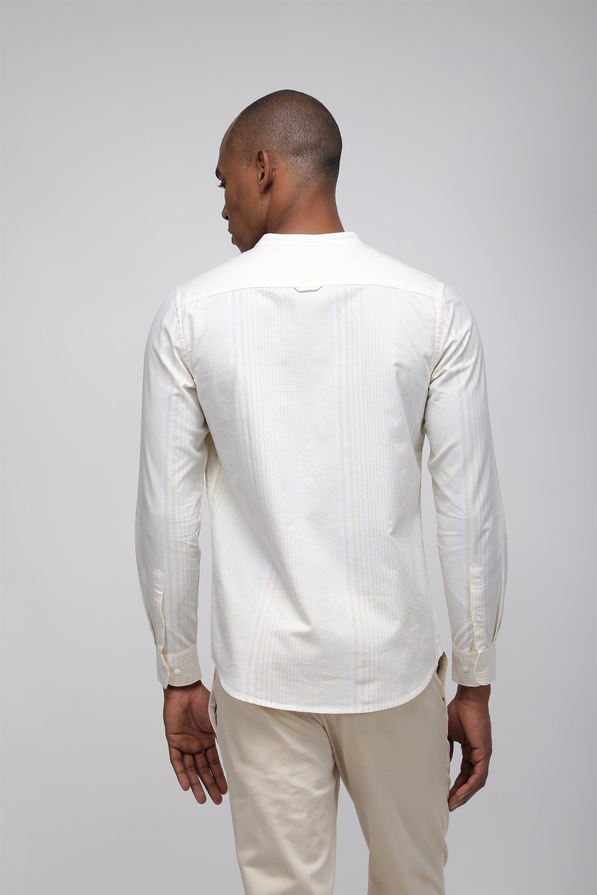Bare Brown Striped Mandarin Cotton Shirt, Slim Fit with Full Sleeves - Yellow