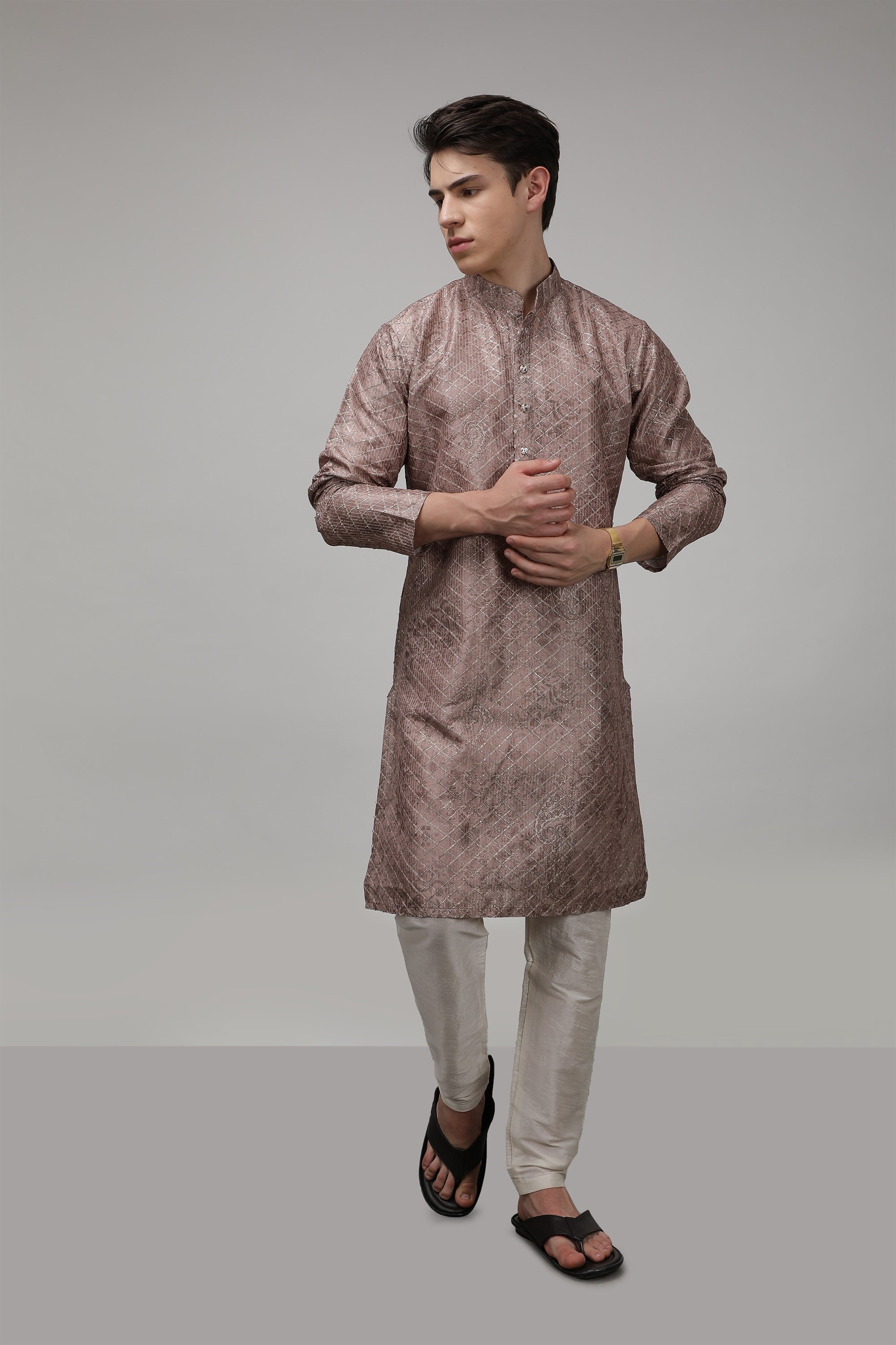 Silver Embroidered Long Standard Fit Ethnic Kurta - Brown