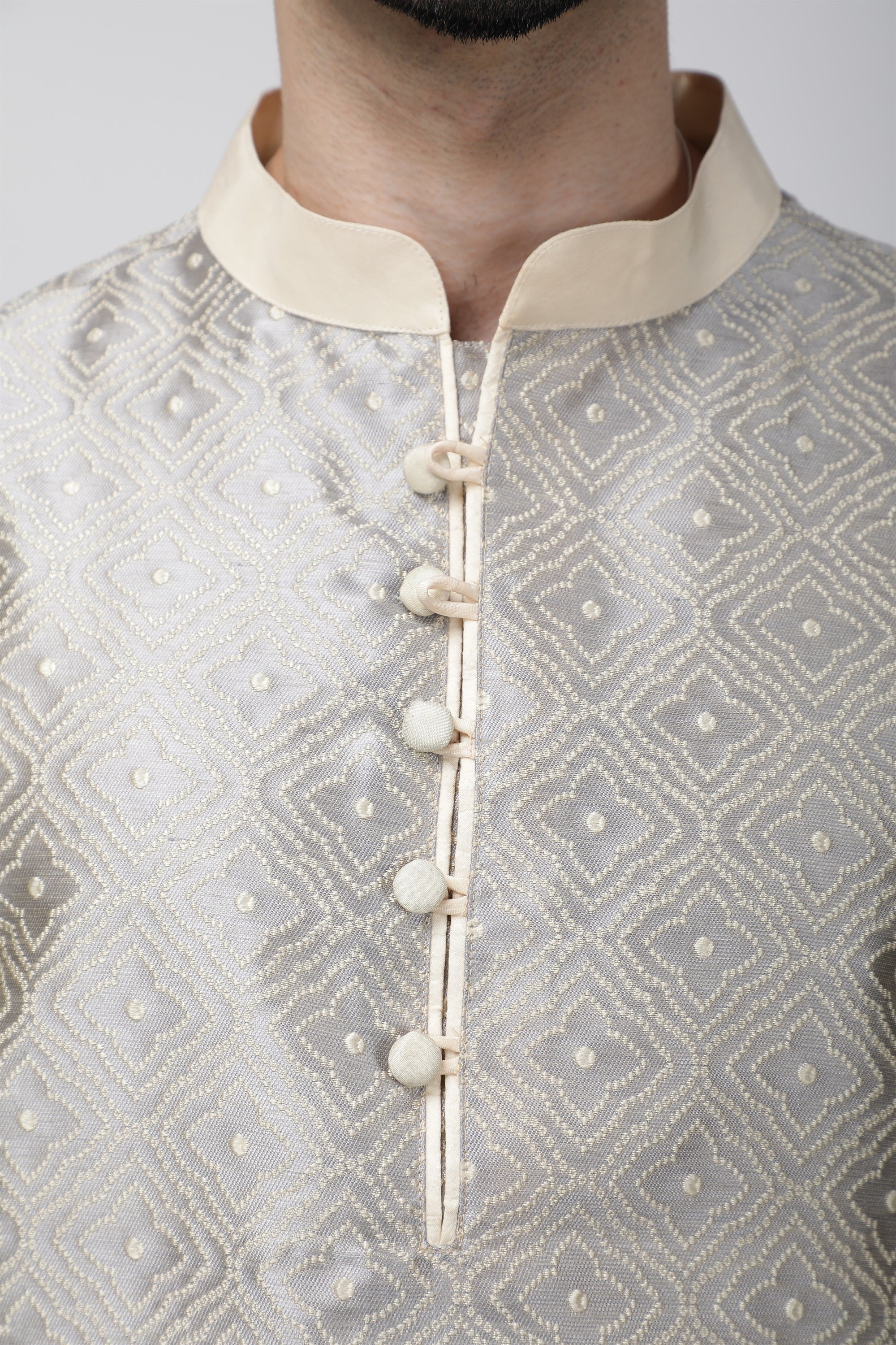 Tale of Teal Textured Jacquard Long Ethnic Kurta - Grey