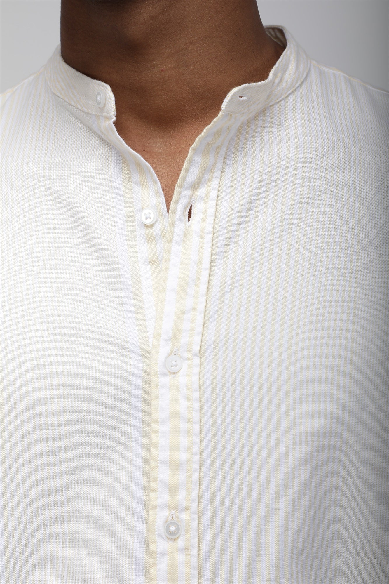 Bare Brown Striped Mandarin Cotton Shirt, Slim Fit with Full Sleeves - Yellow