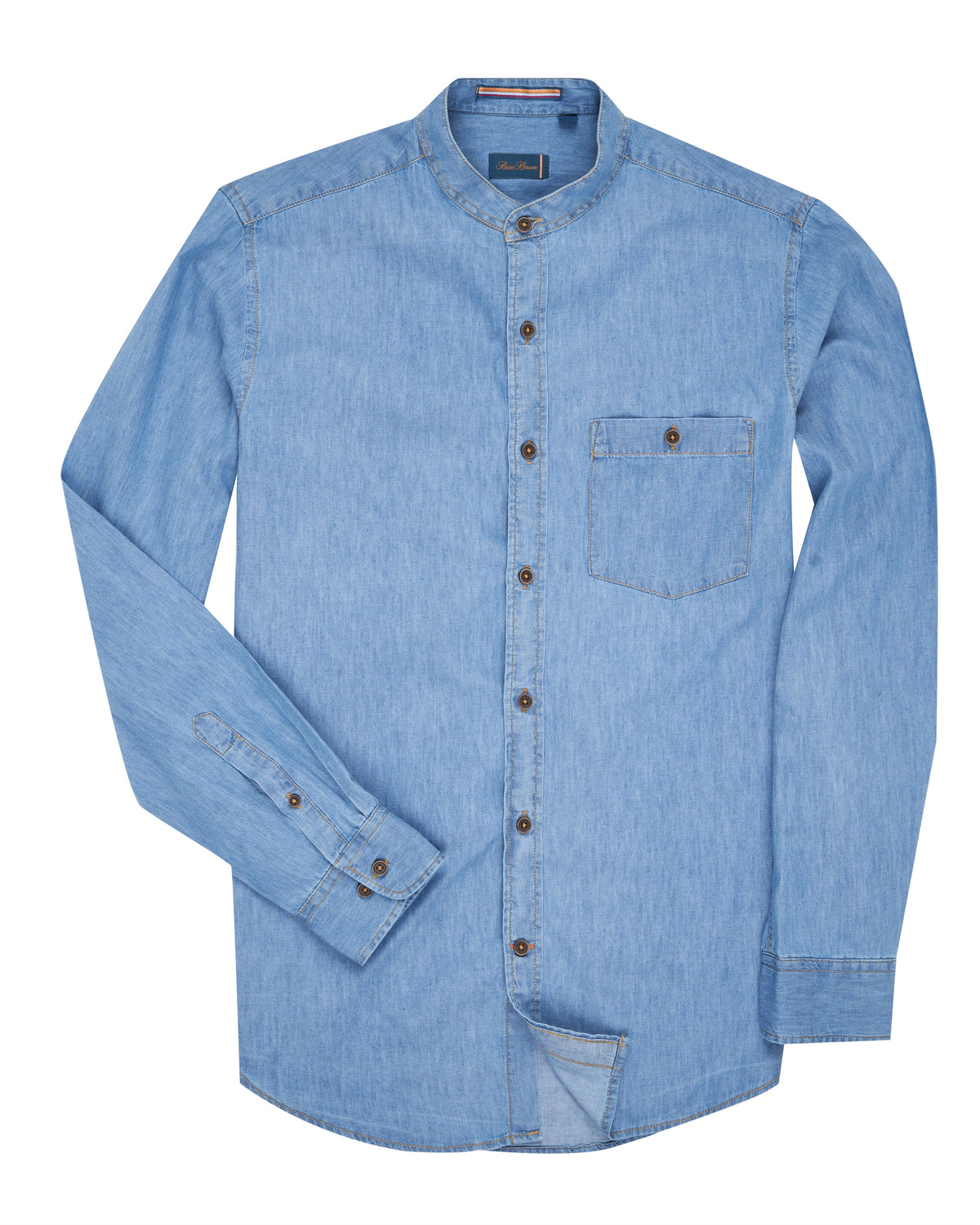 Bare Brown Cotton Denim Mandarin Collar Shirt, Slim Fit with Full Slee