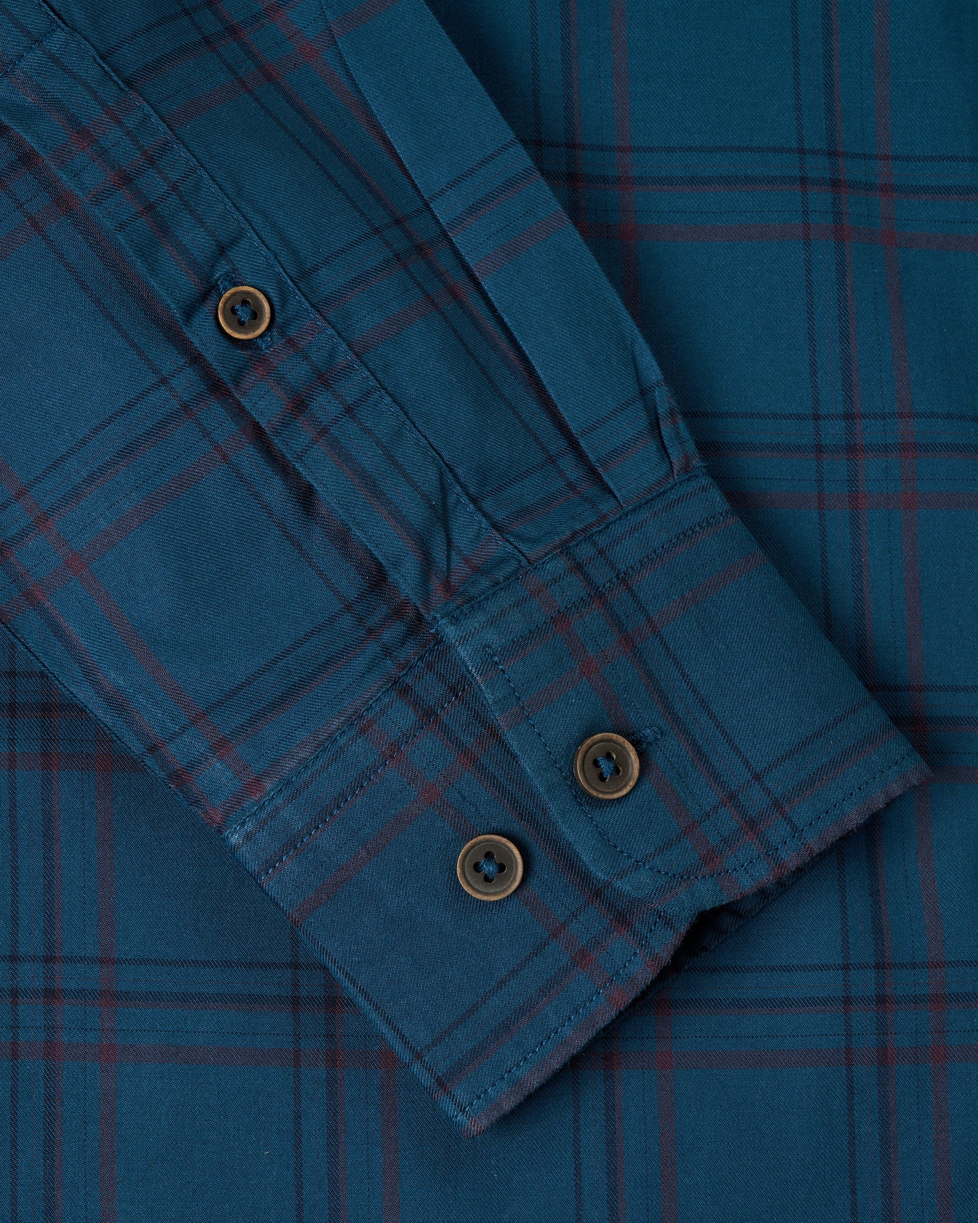 Bare Brown Buttondown Collar Cotton Checkered Shirt, Slim Fit with Full Sleeves - Teal