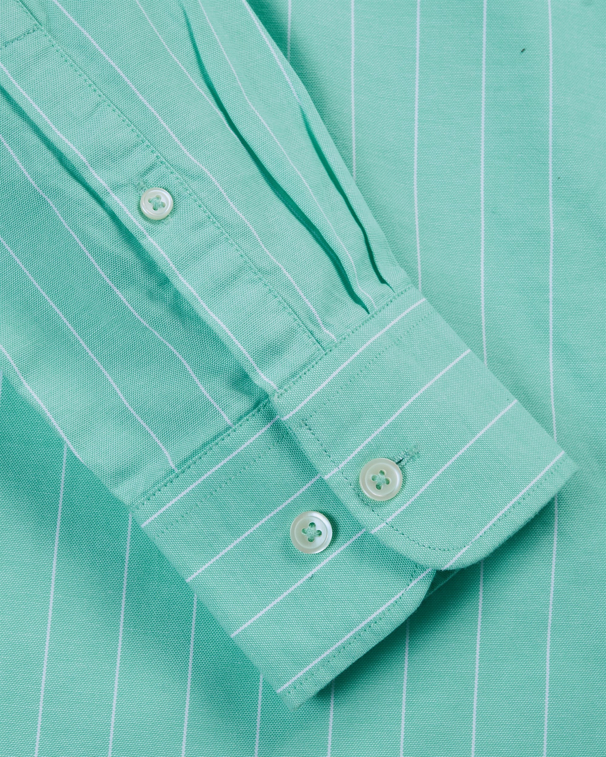 Bare Brown Mandarin Collar Cotton Pinstriped Shirt, Slim Fit with Full Sleeves - Light Green