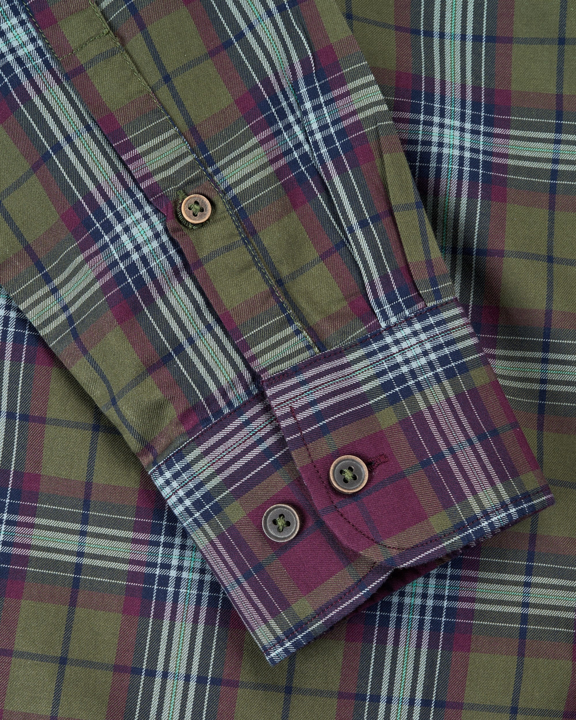 Bare Brown Buttondown Collar Cotton Checked Shirt, Slim Fit with Full Sleeves - Olive