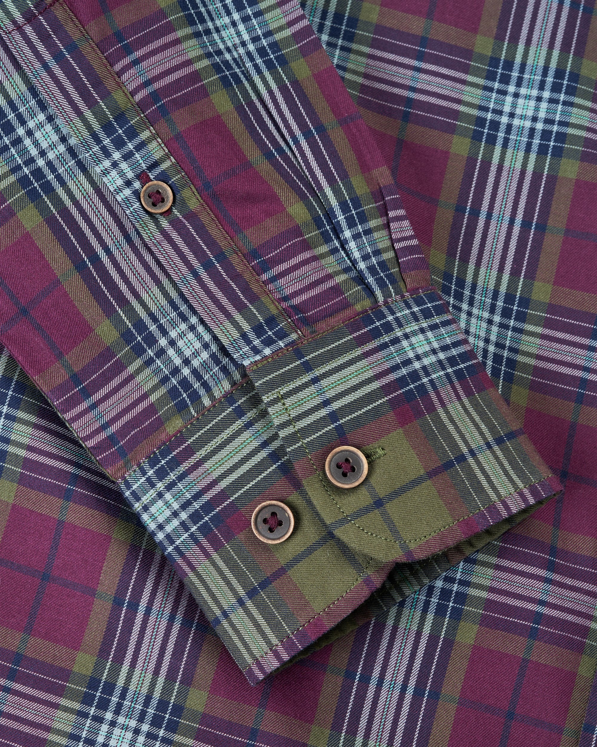Bare Brown Buttondown Collar Cotton Checkered Shirt, Slim Fit with Full Sleeves - Maroon