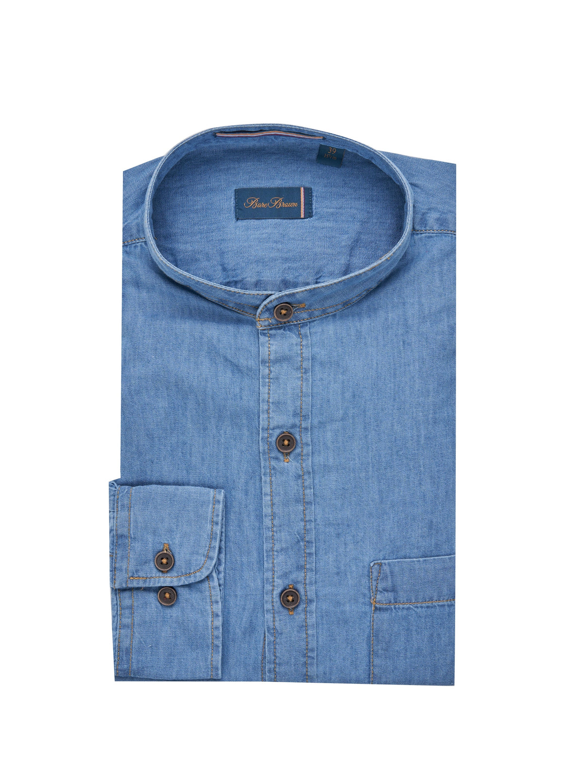 Bare Brown Cotton Denim Mandarin Collar Shirt, Slim Fit with Full Slee
