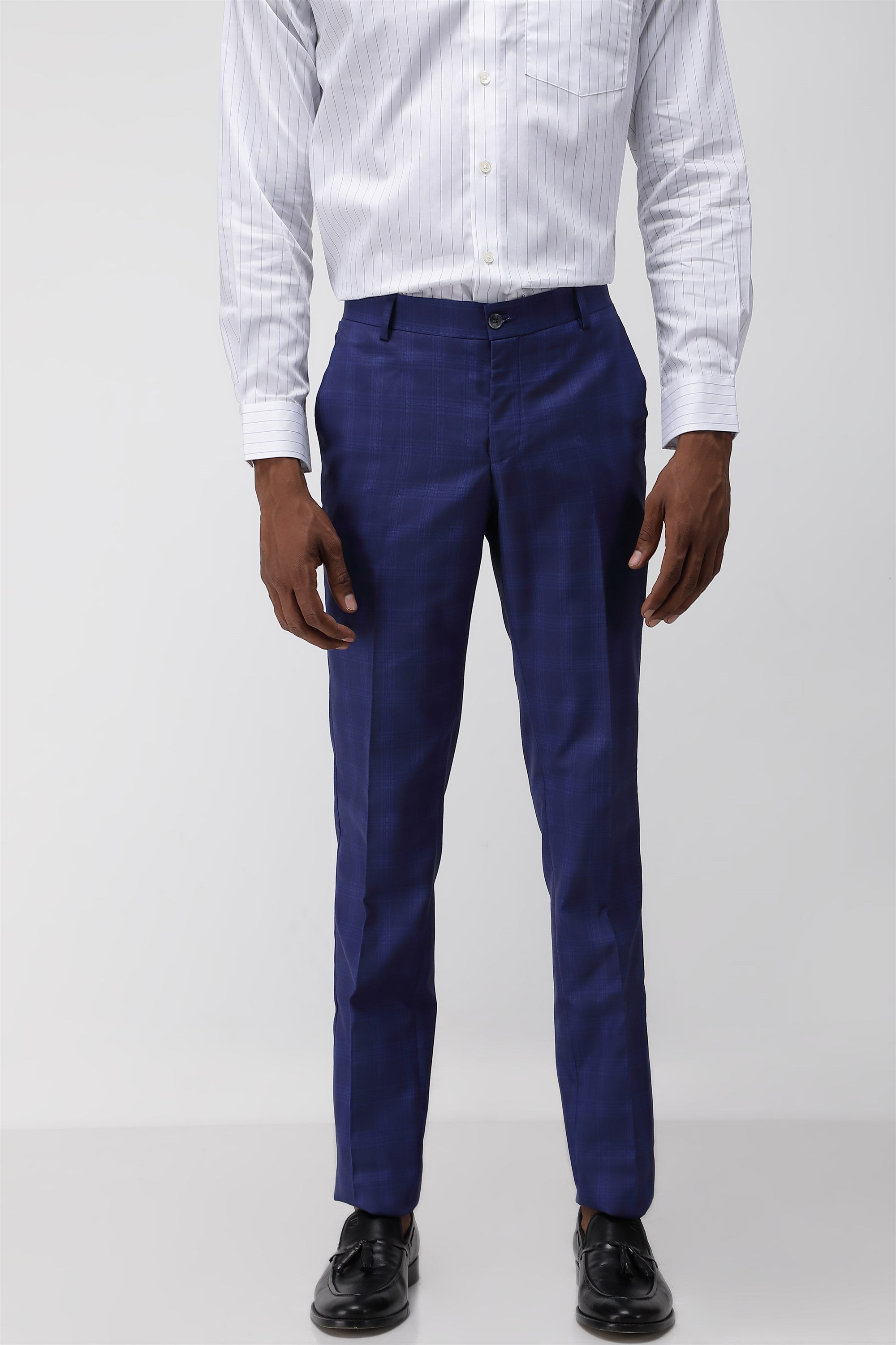 T the brand Men Formal Check Trouser - Navy Blue