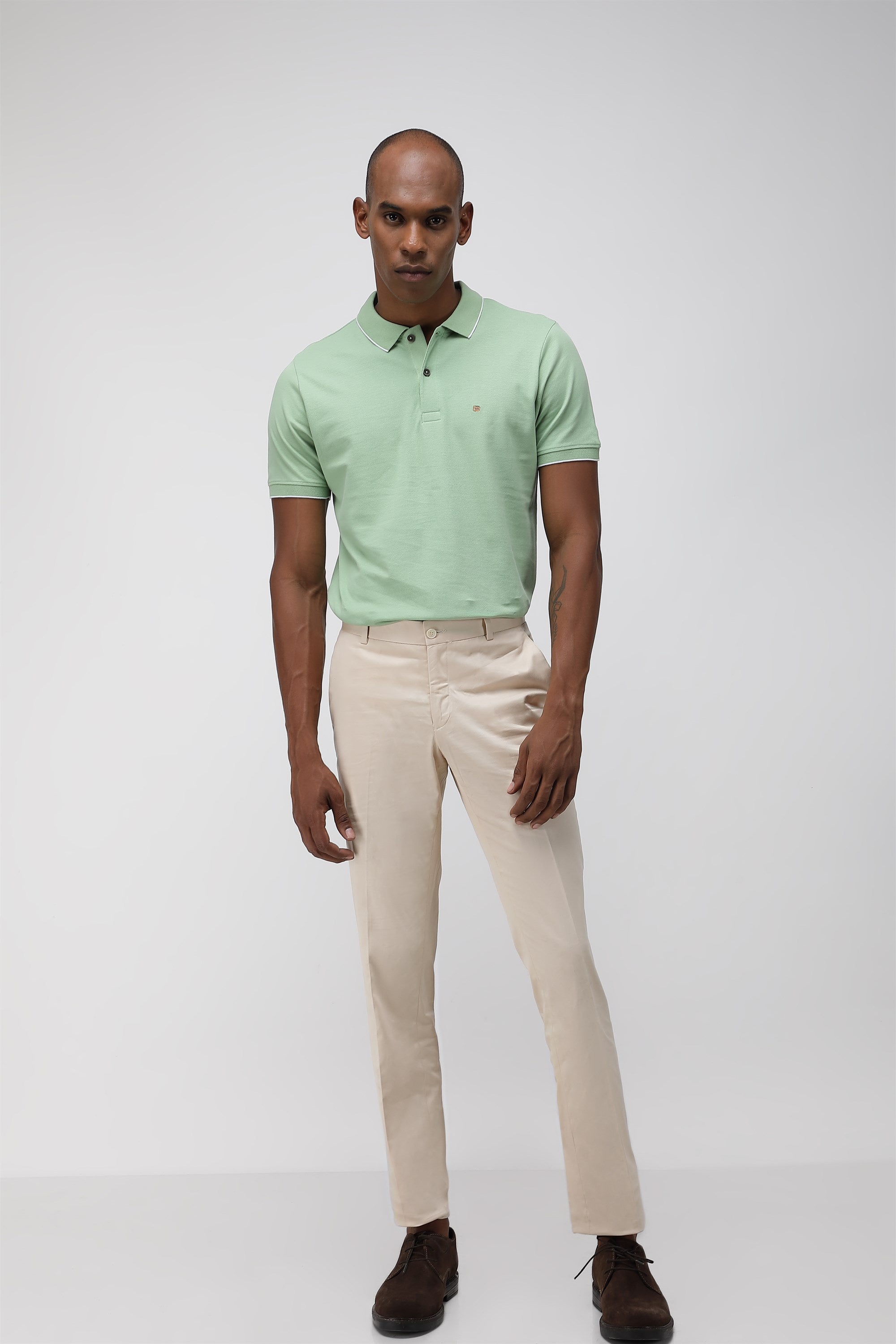 Bare Brown Stretch Slim Fit Cotton Trousers - Beige