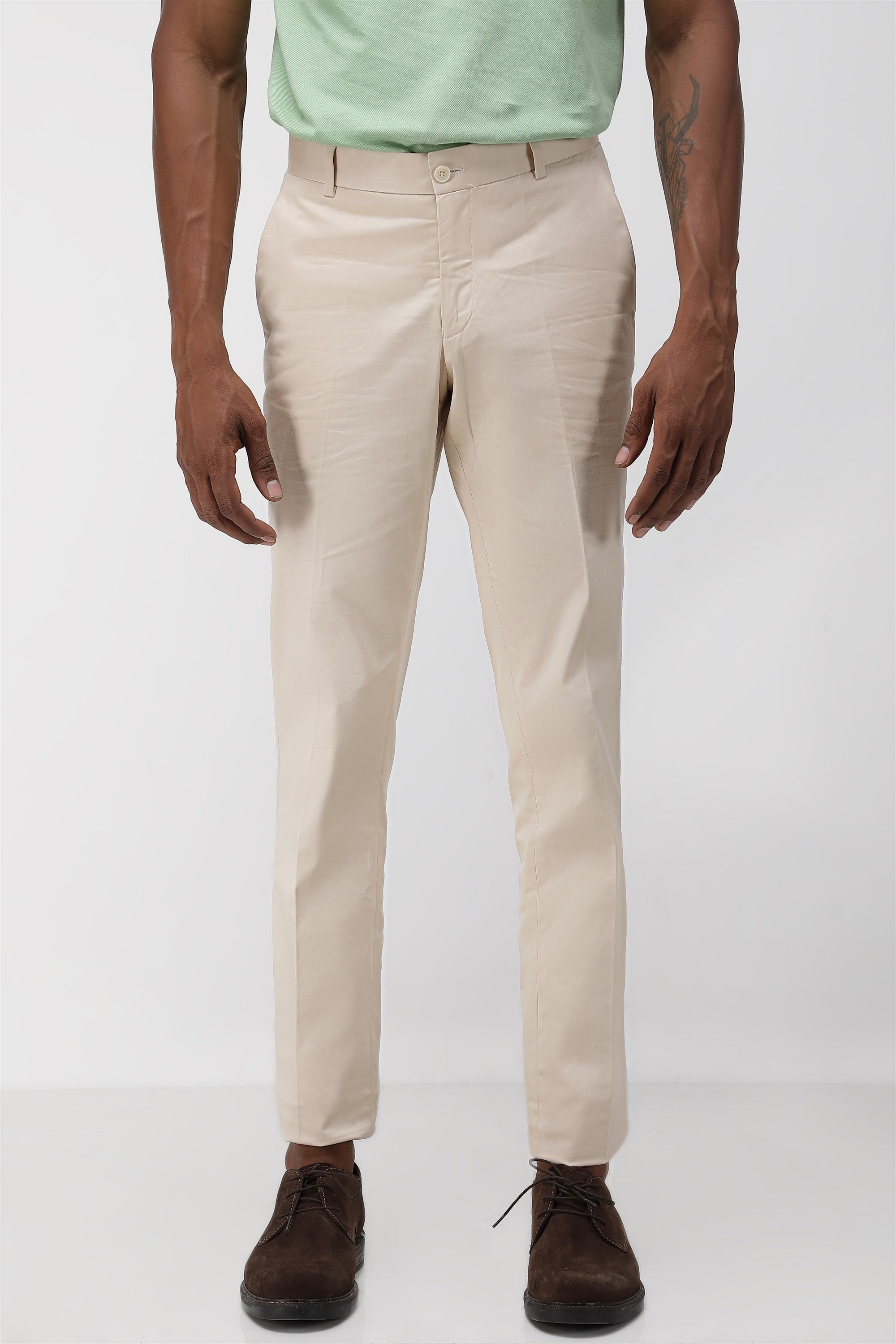 Bare Brown Stretch Slim Fit Cotton Trousers - Beige