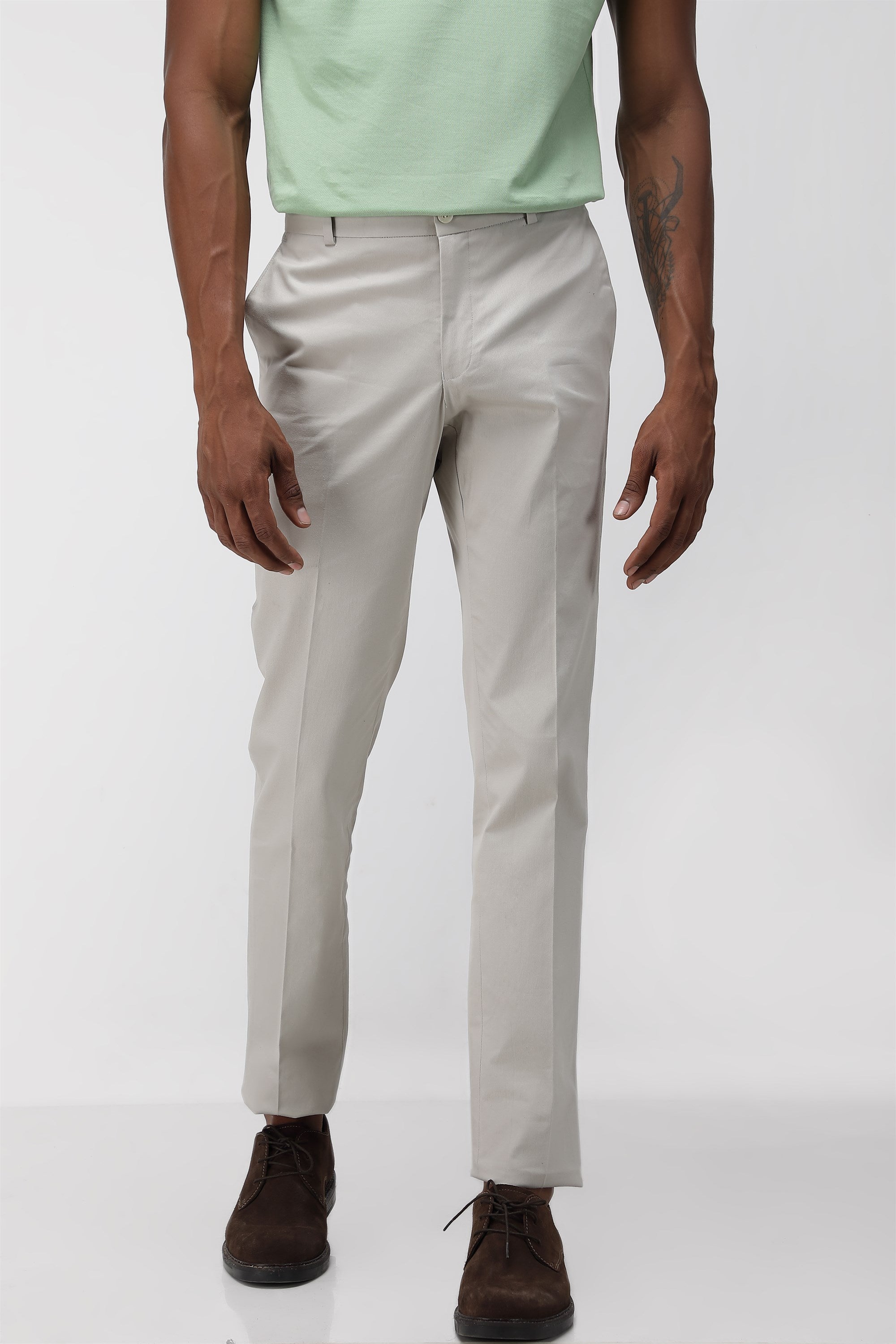 Bare Brown Stretch Slim Fit Cotton Trousers - Light Grey