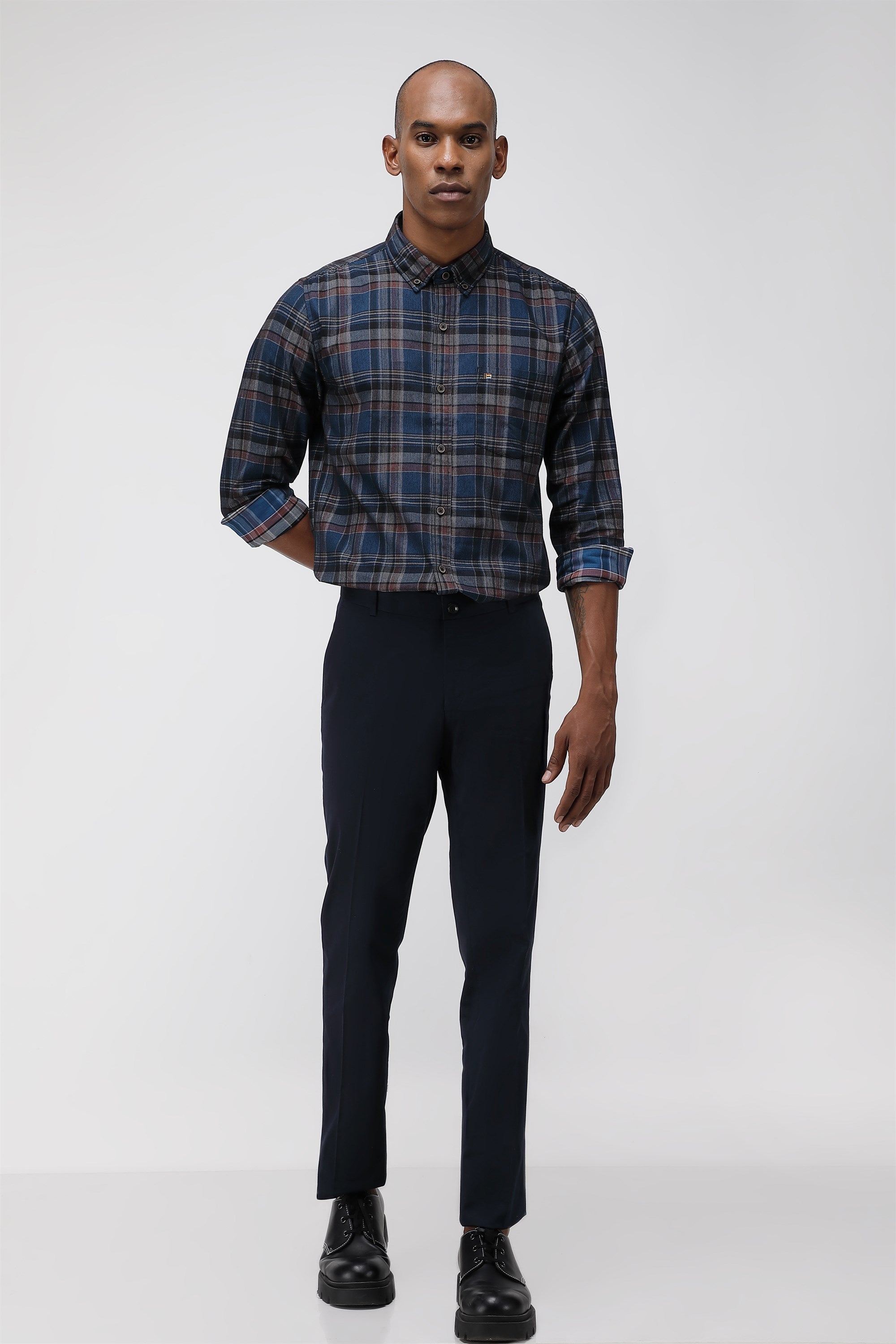 Bare Brown Stretch Slim Fit Cotton Trousers - Navy