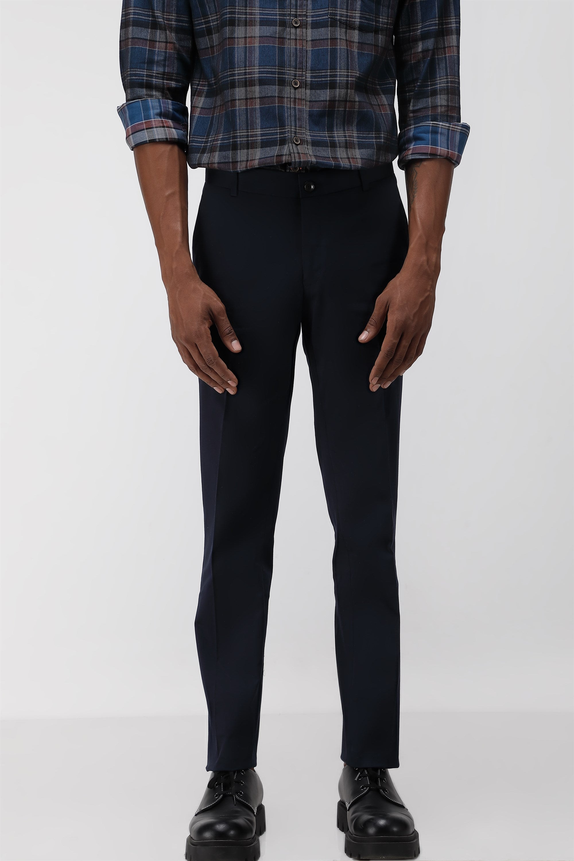 Bare Brown Stretch Slim Fit Cotton Trousers - Navy