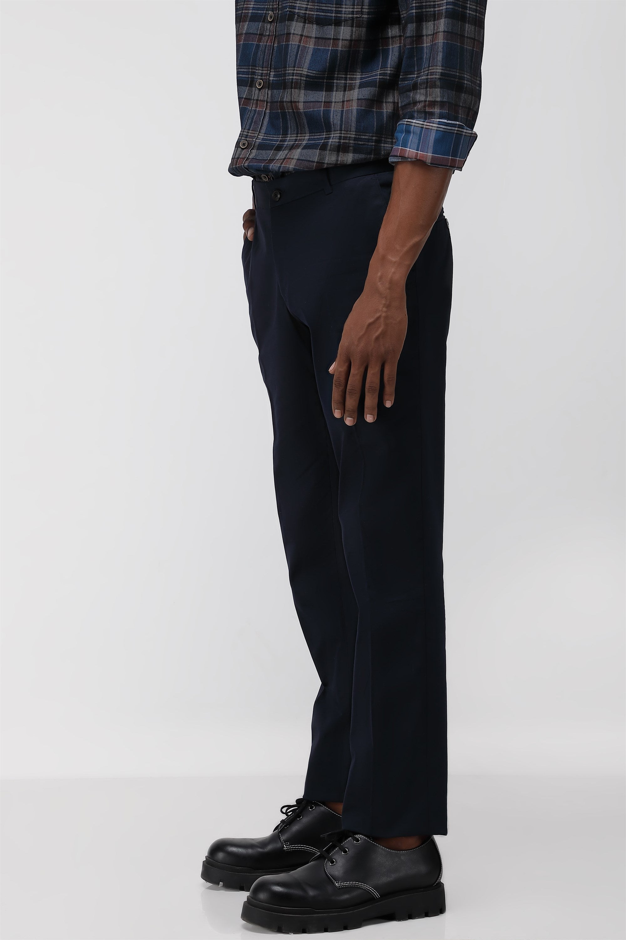 Bare Brown Stretch Slim Fit Cotton Trousers - Navy