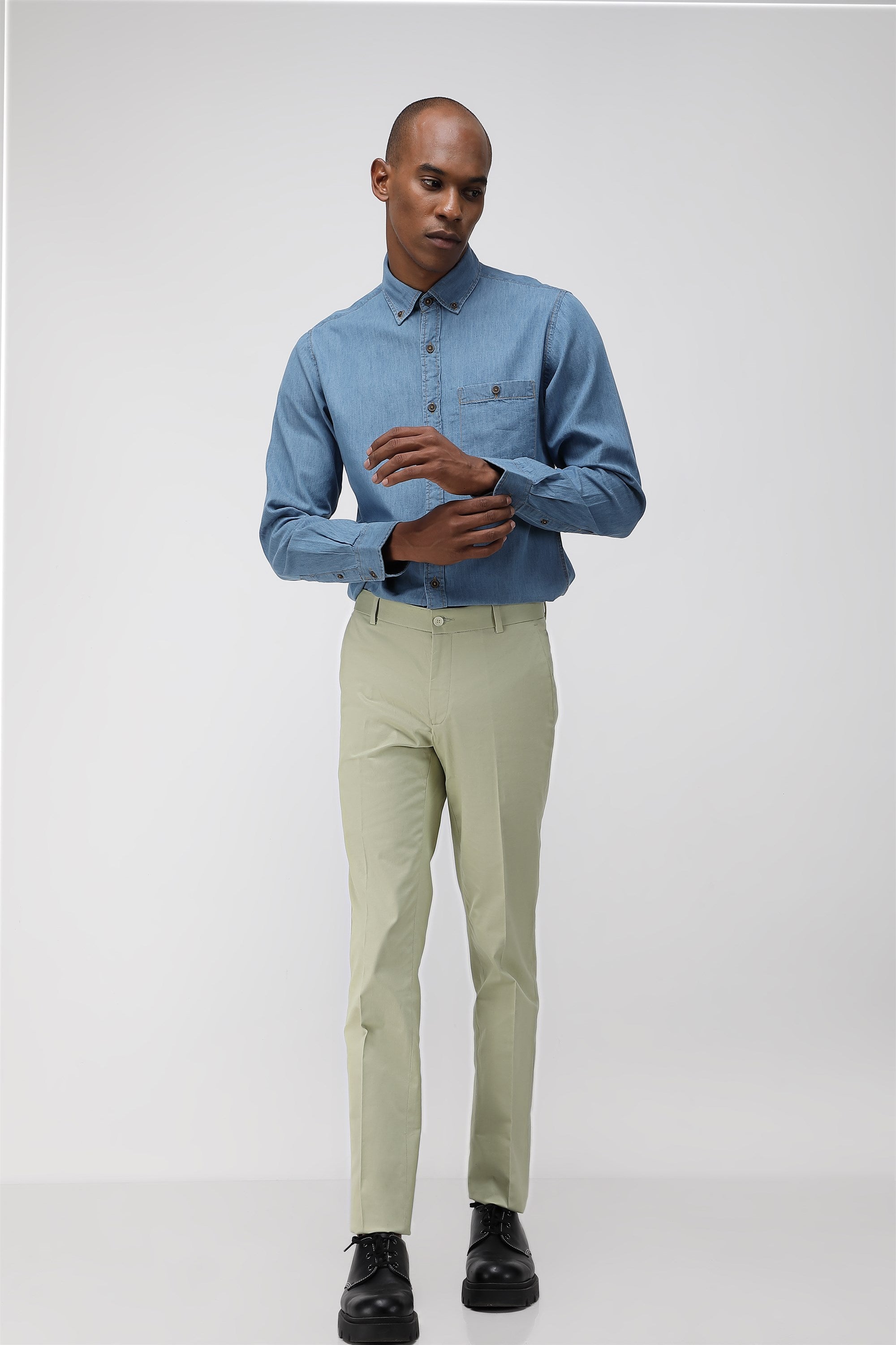 Bare Brown Stretch Slim Fit Cotton Trousers - Light Green