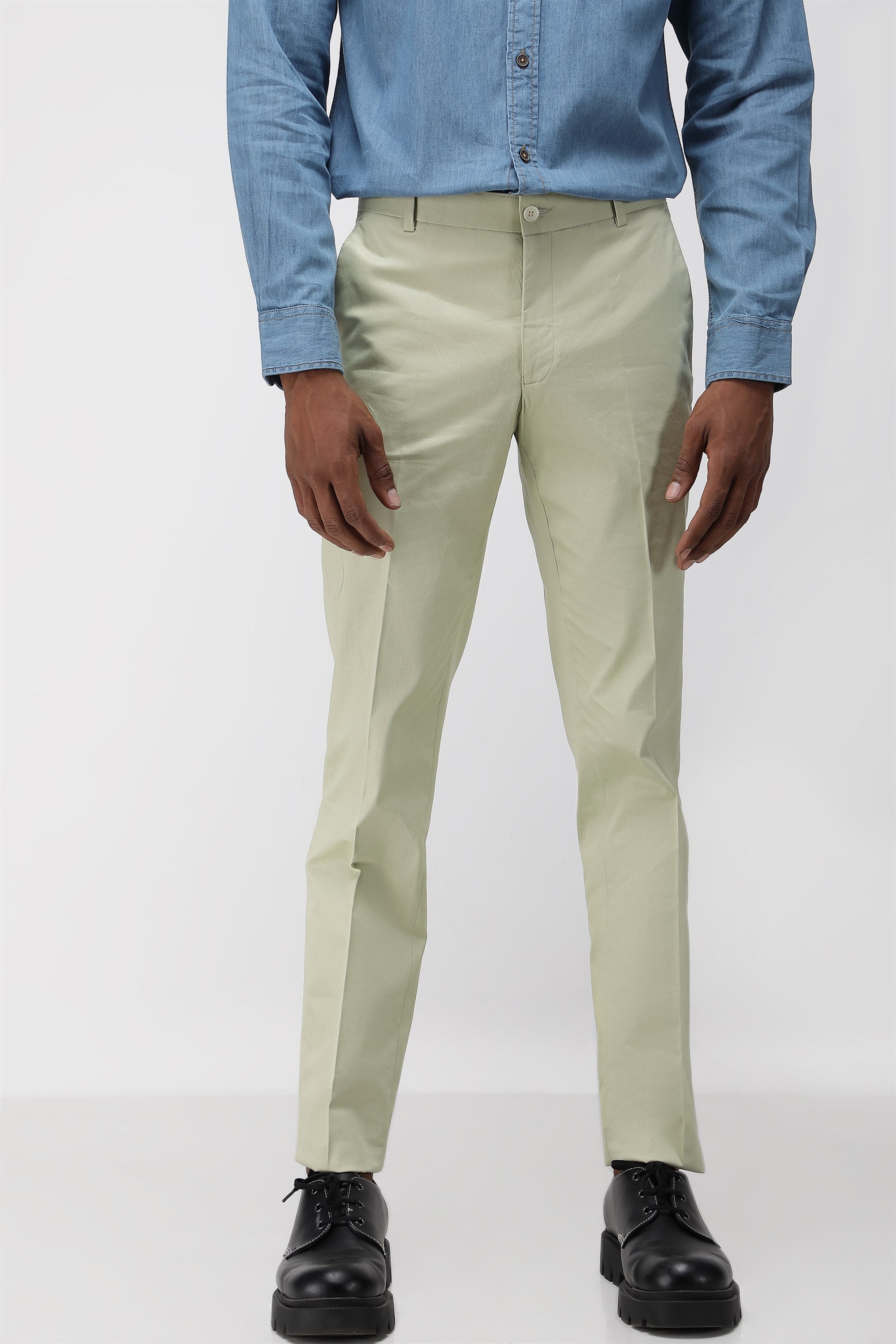 Bare Brown Stretch Slim Fit Cotton Trousers - Light Green