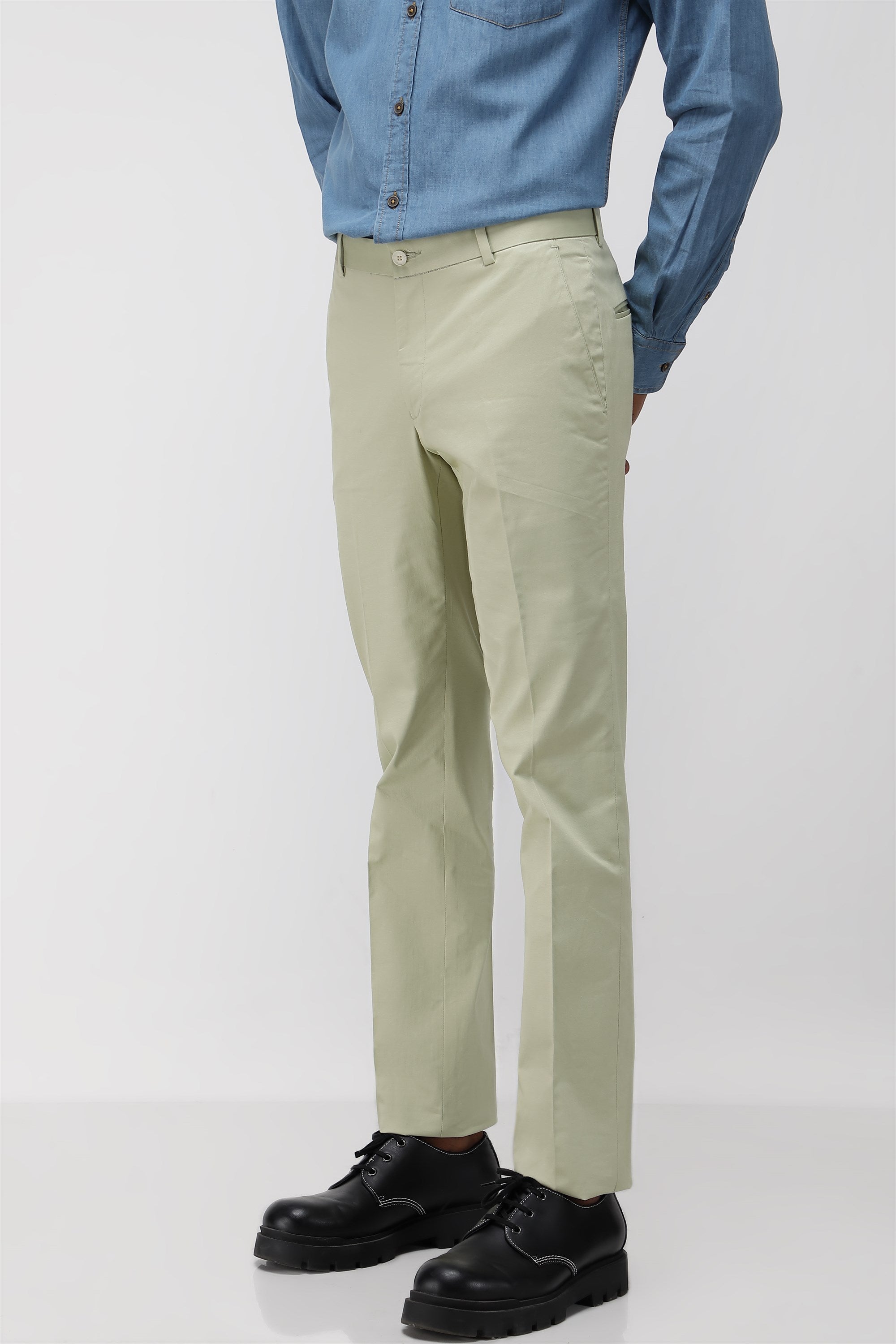 Bare Brown Stretch Slim Fit Cotton Trousers - Light Green