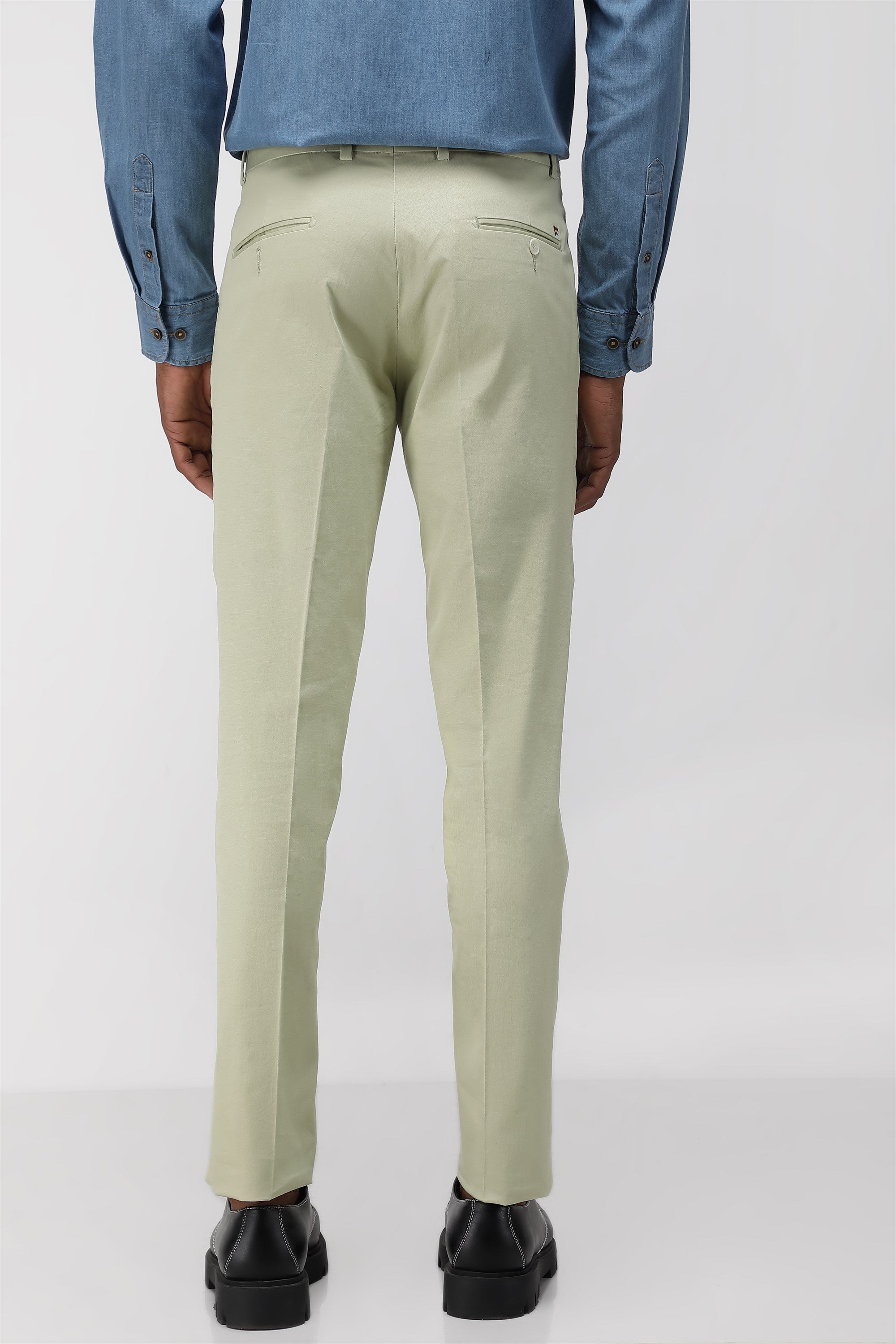 Bare Brown Stretch Slim Fit Cotton Trousers - Light Green