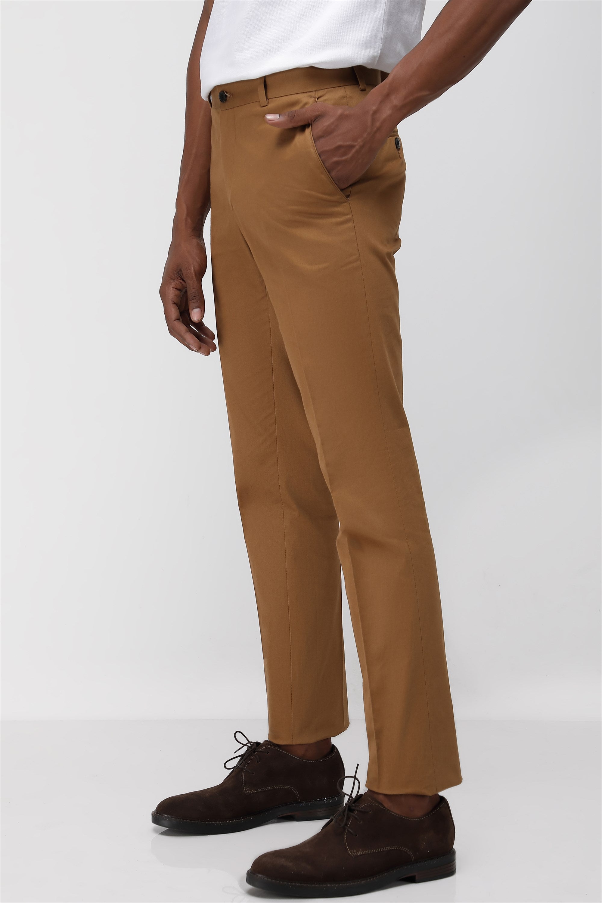 Bare Brown Stretch Slim Fit Cotton Trousers - Khaki